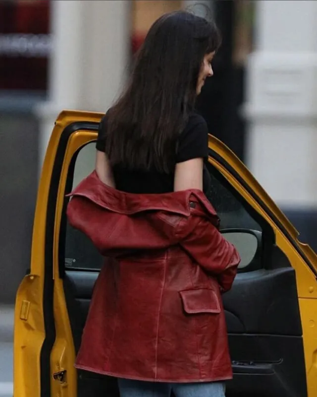Dakota Johnson Madame Web Maroon Leather Coat