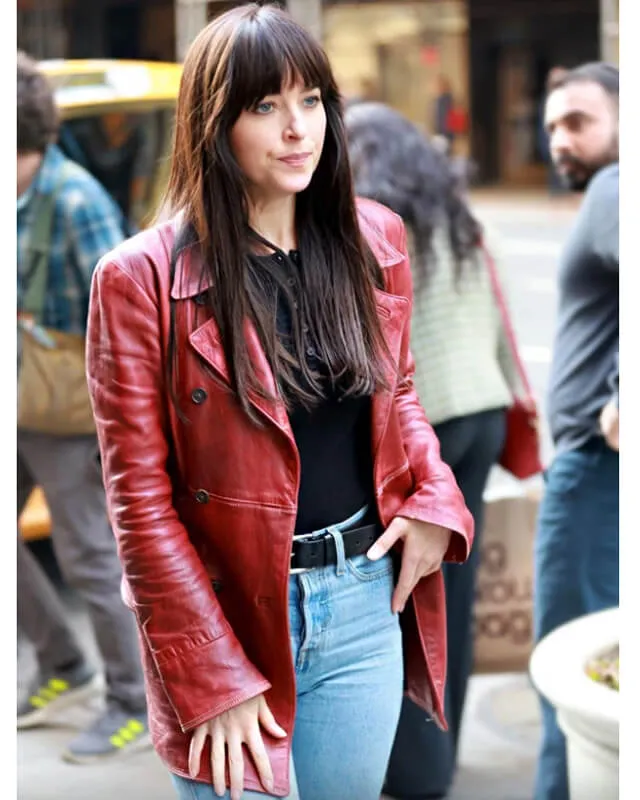 Dakota Johnson Madame Web Maroon Leather Coat
