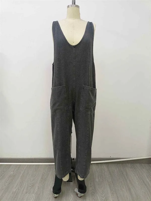 Deep V Denim Slouch Jumpsuit