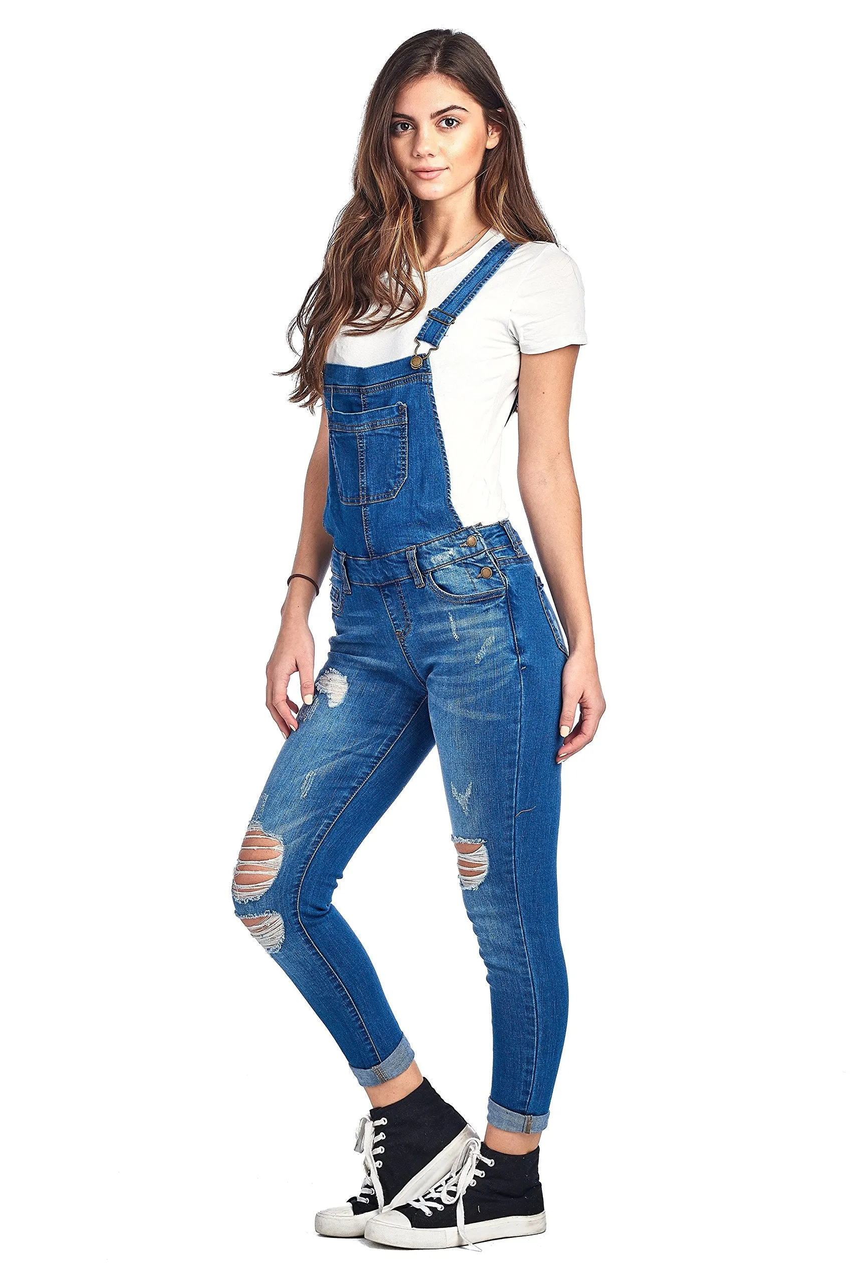 Denim Distressed Rolled Cuff Ankle Length Adjustable Straps Skinny Jean Overalls