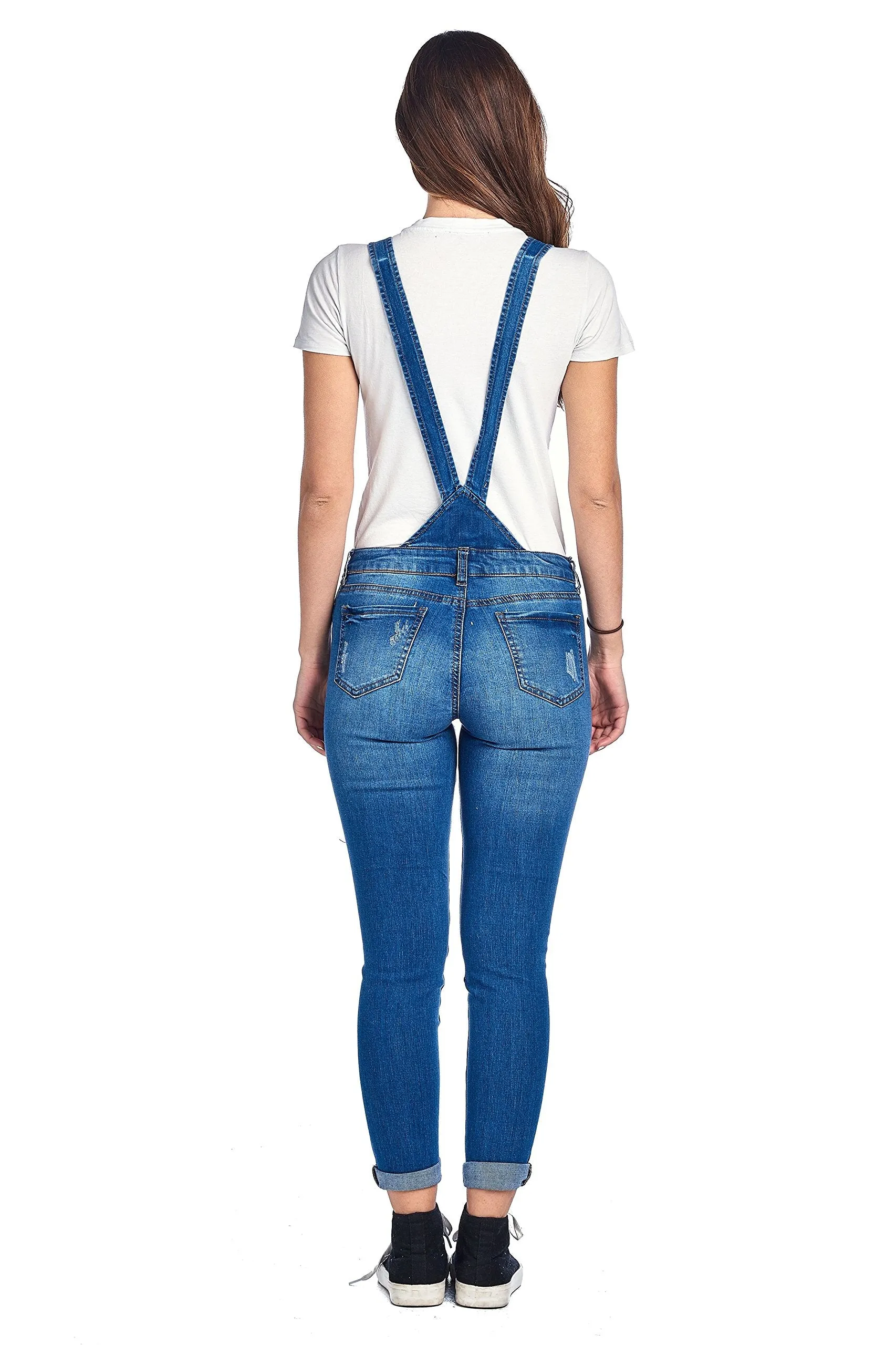 Denim Distressed Rolled Cuff Ankle Length Adjustable Straps Skinny Jean Overalls