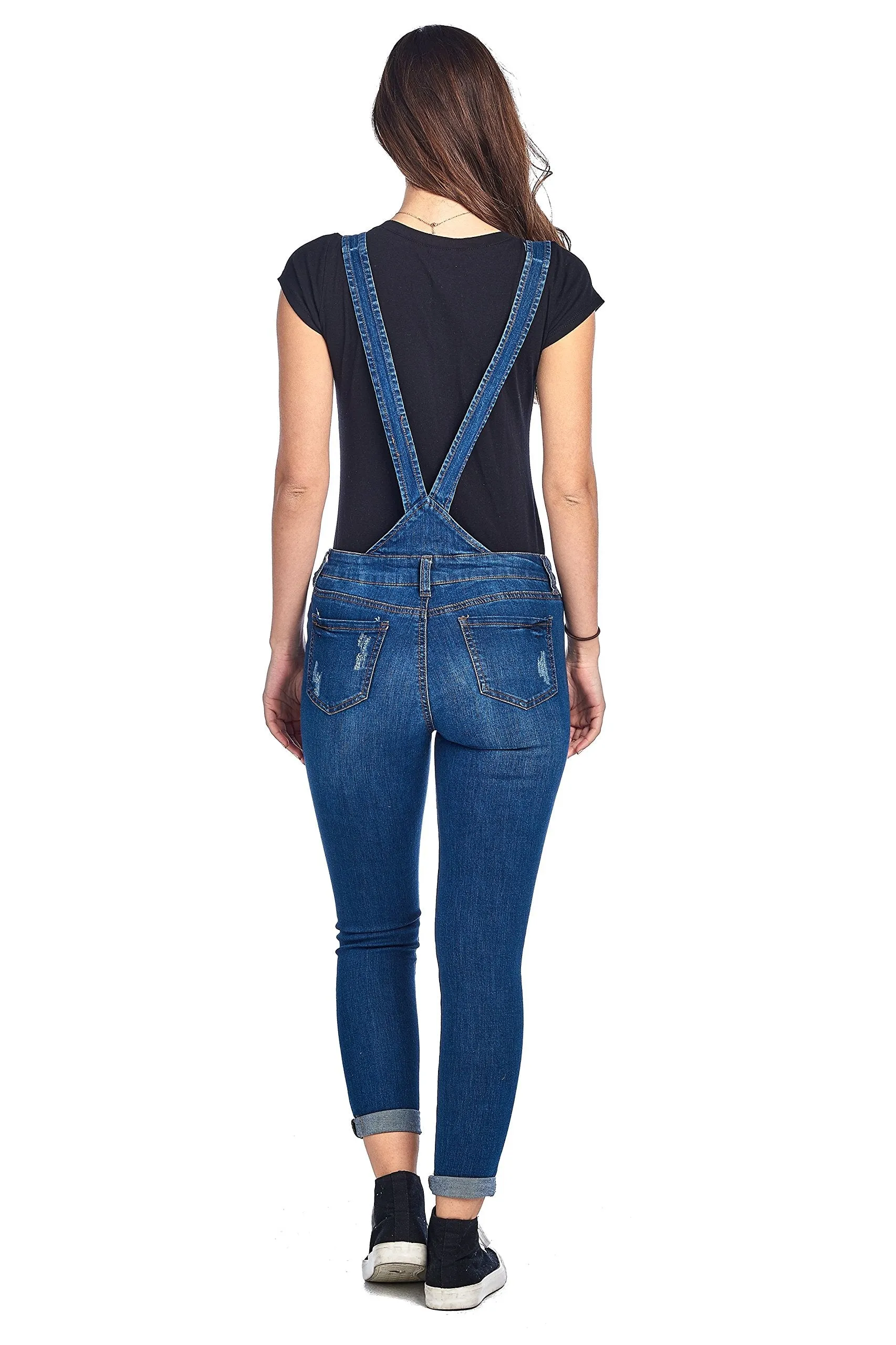 Denim Distressed Rolled Cuff Ankle Length Adjustable Straps Skinny Jean Overalls