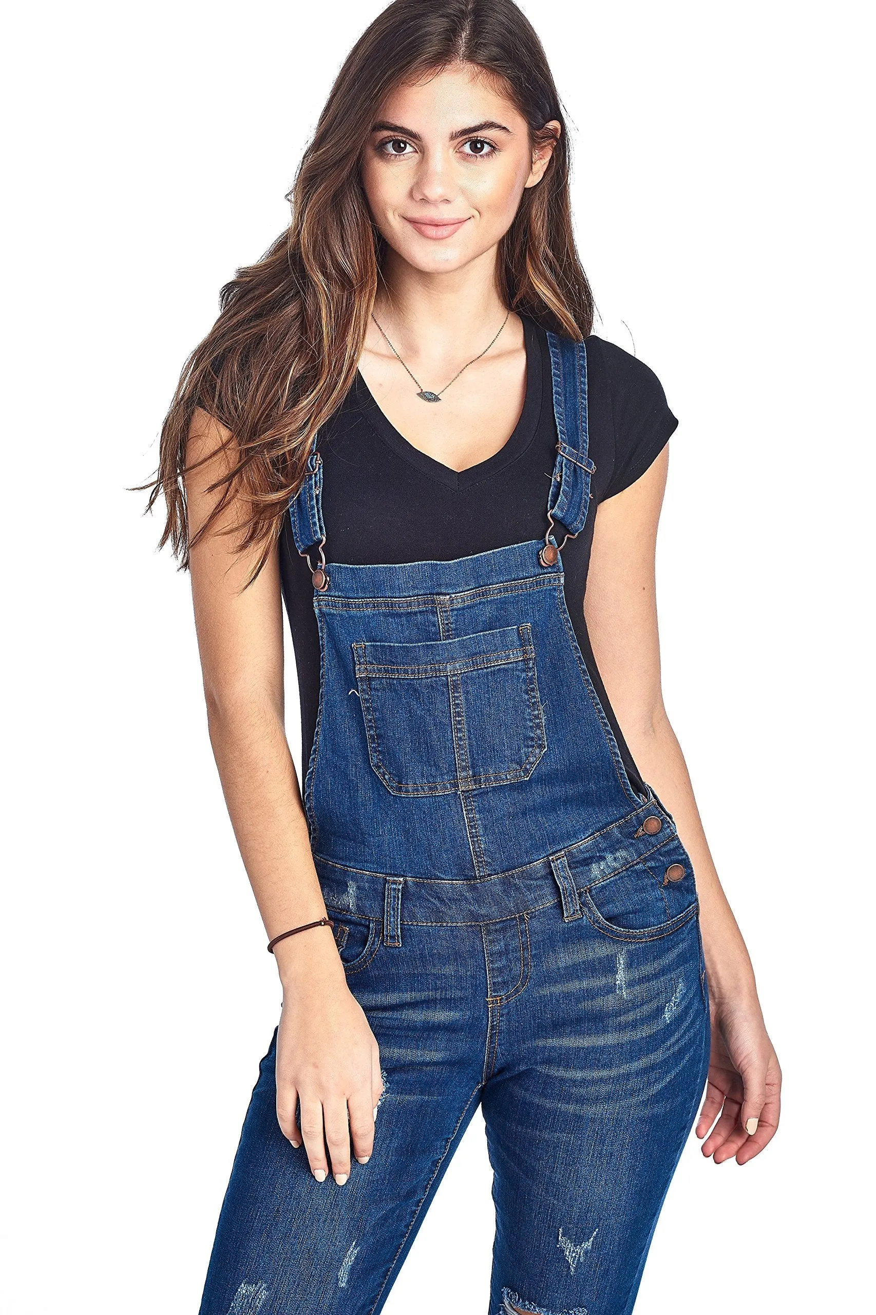 Denim Distressed Rolled Cuff Ankle Length Adjustable Straps Skinny Jean Overalls