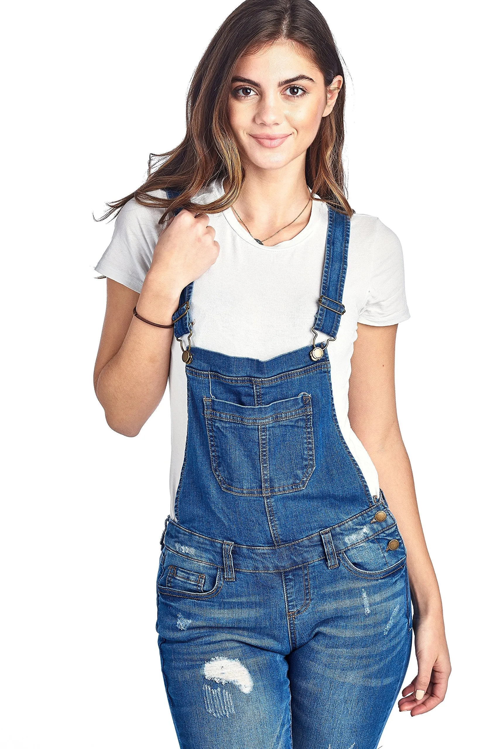 Denim Distressed Rolled Cuff Ankle Length Adjustable Straps Skinny Jean Overalls