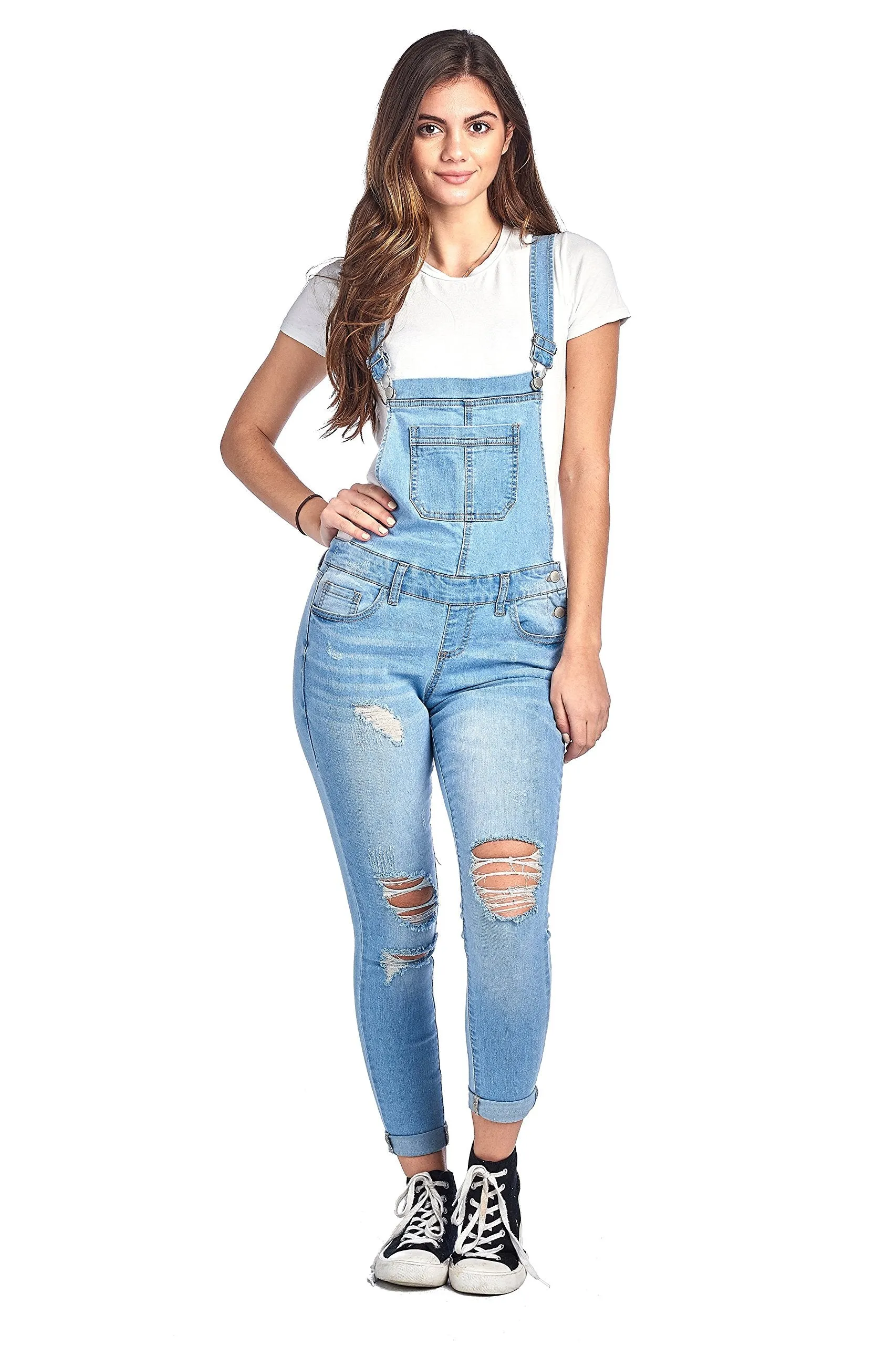 Denim Distressed Rolled Cuff Ankle Length Adjustable Straps Skinny Jean Overalls