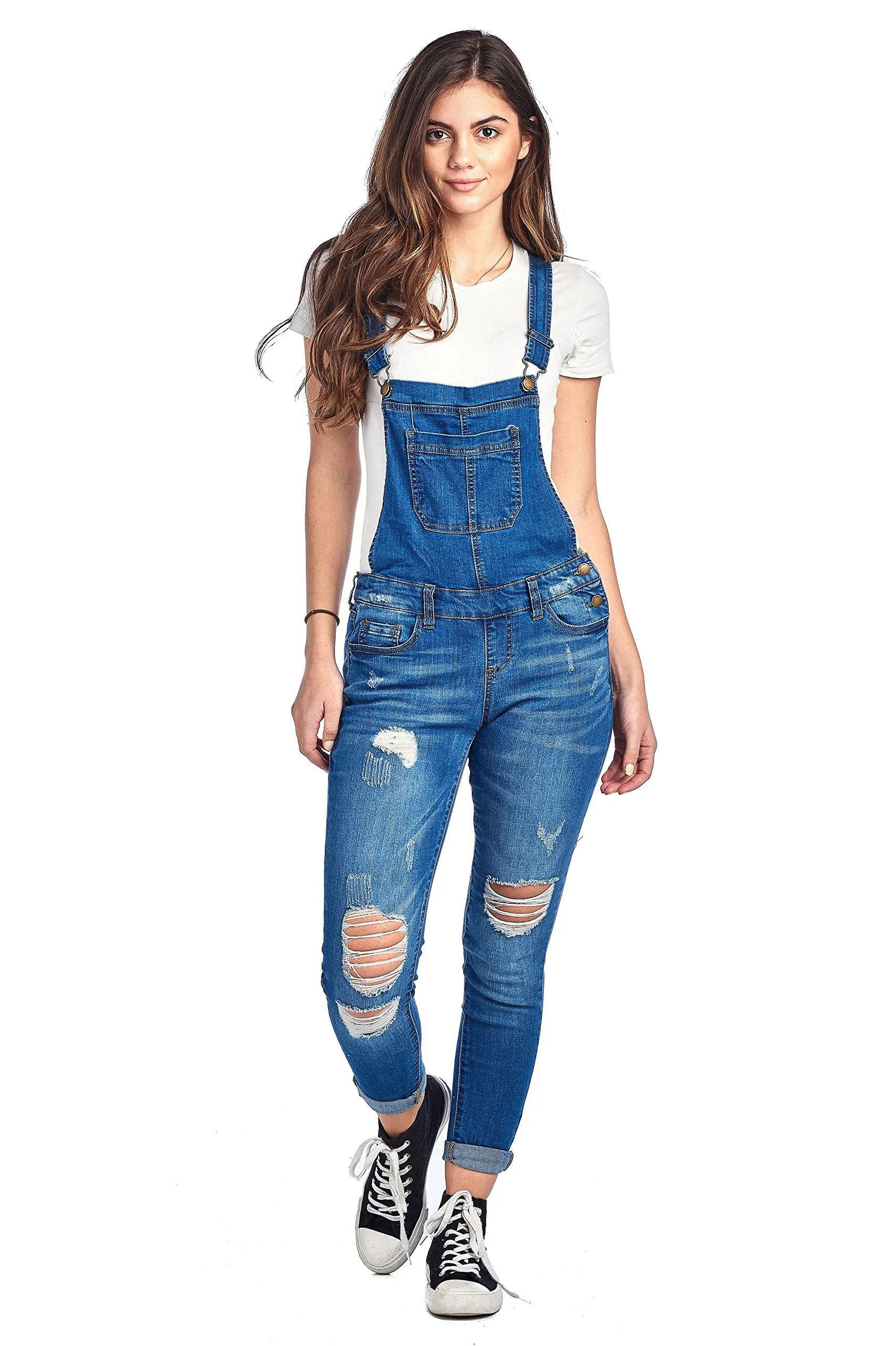 Denim Distressed Rolled Cuff Ankle Length Adjustable Straps Skinny Jean Overalls