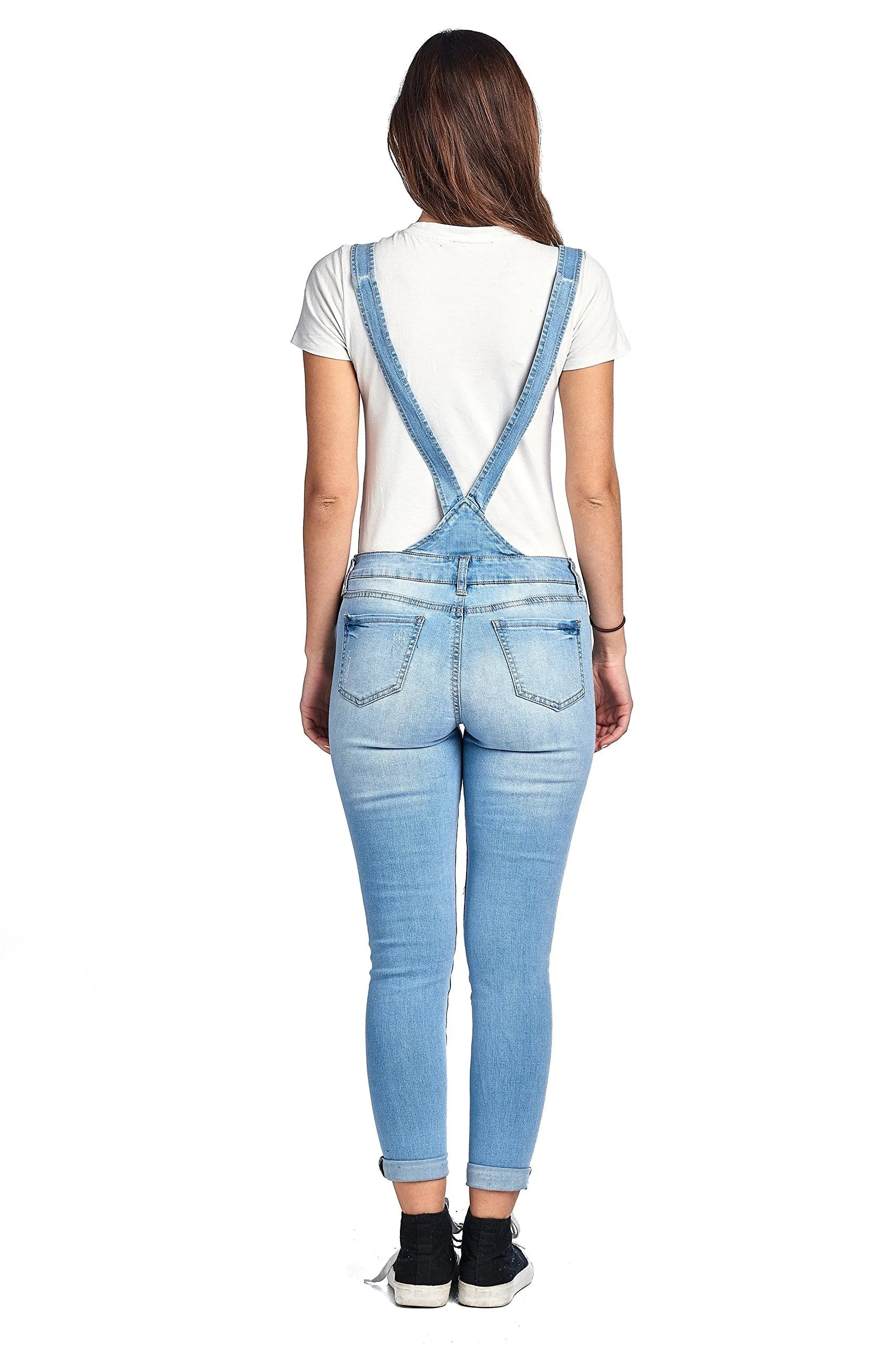 Denim Distressed Rolled Cuff Ankle Length Adjustable Straps Skinny Jean Overalls