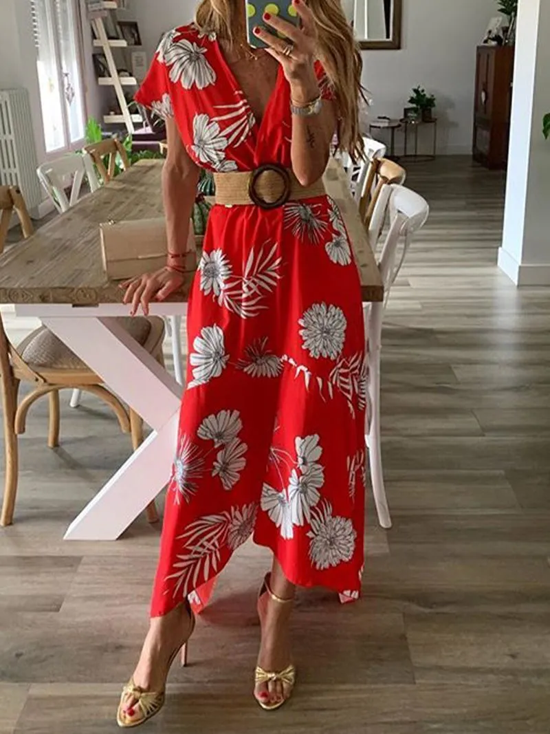 FashionSierra - Women V-neck Boho Floral Belted Maxi Dress Summer Ladies Casual Short Sleeve Party Beach Sundress Holiday Clothing