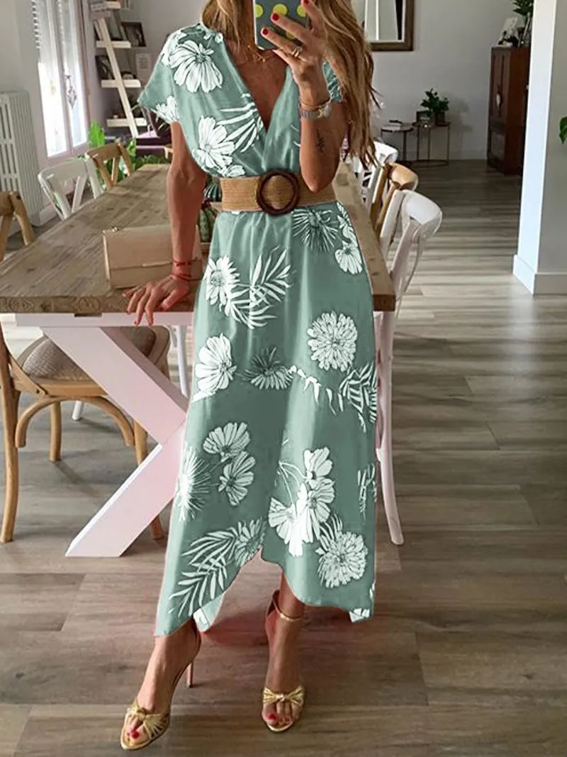 FashionSierra - Women V-neck Boho Floral Belted Maxi Dress Summer Ladies Casual Short Sleeve Party Beach Sundress Holiday Clothing
