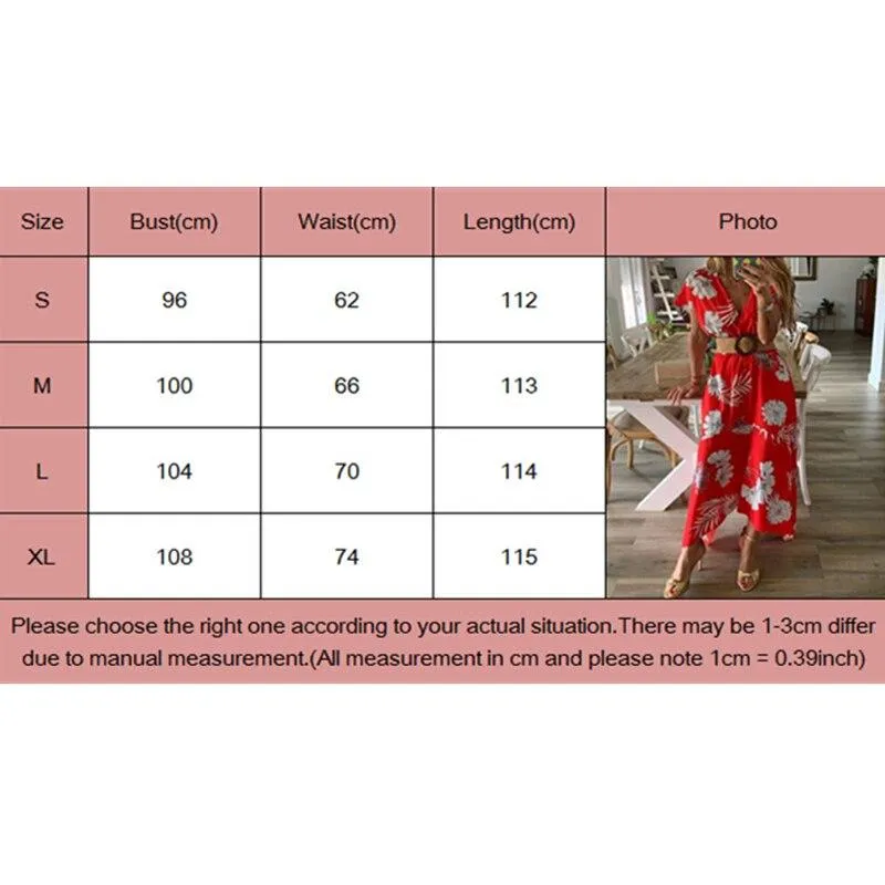 FashionSierra - Women V-neck Boho Floral Belted Maxi Dress Summer Ladies Casual Short Sleeve Party Beach Sundress Holiday Clothing