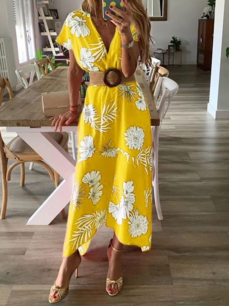 FashionSierra - Women V-neck Boho Floral Belted Maxi Dress Summer Ladies Casual Short Sleeve Party Beach Sundress Holiday Clothing