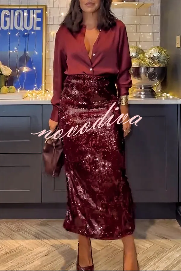 Feeling Festive Satin Button Up Long Sleeve Loose Blouse