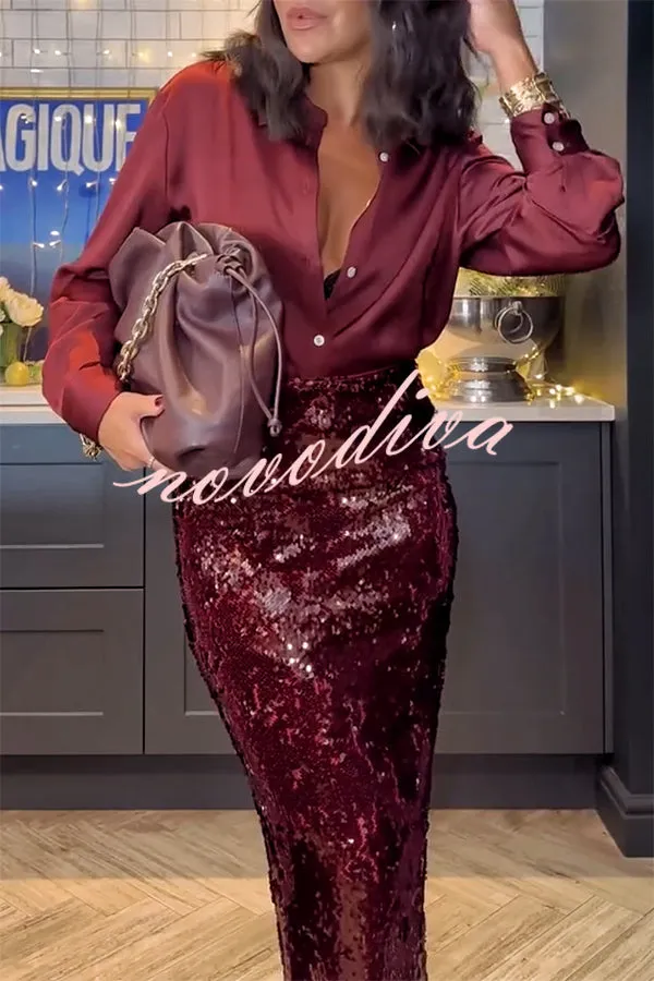 Feeling Festive Satin Button Up Long Sleeve Loose Blouse