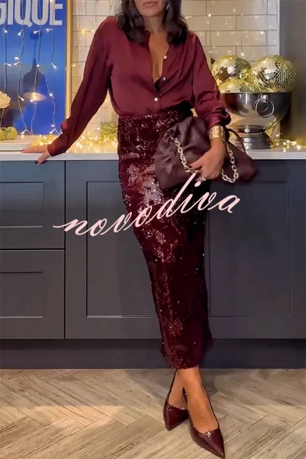 Feeling Festive Satin Button Up Long Sleeve Loose Blouse