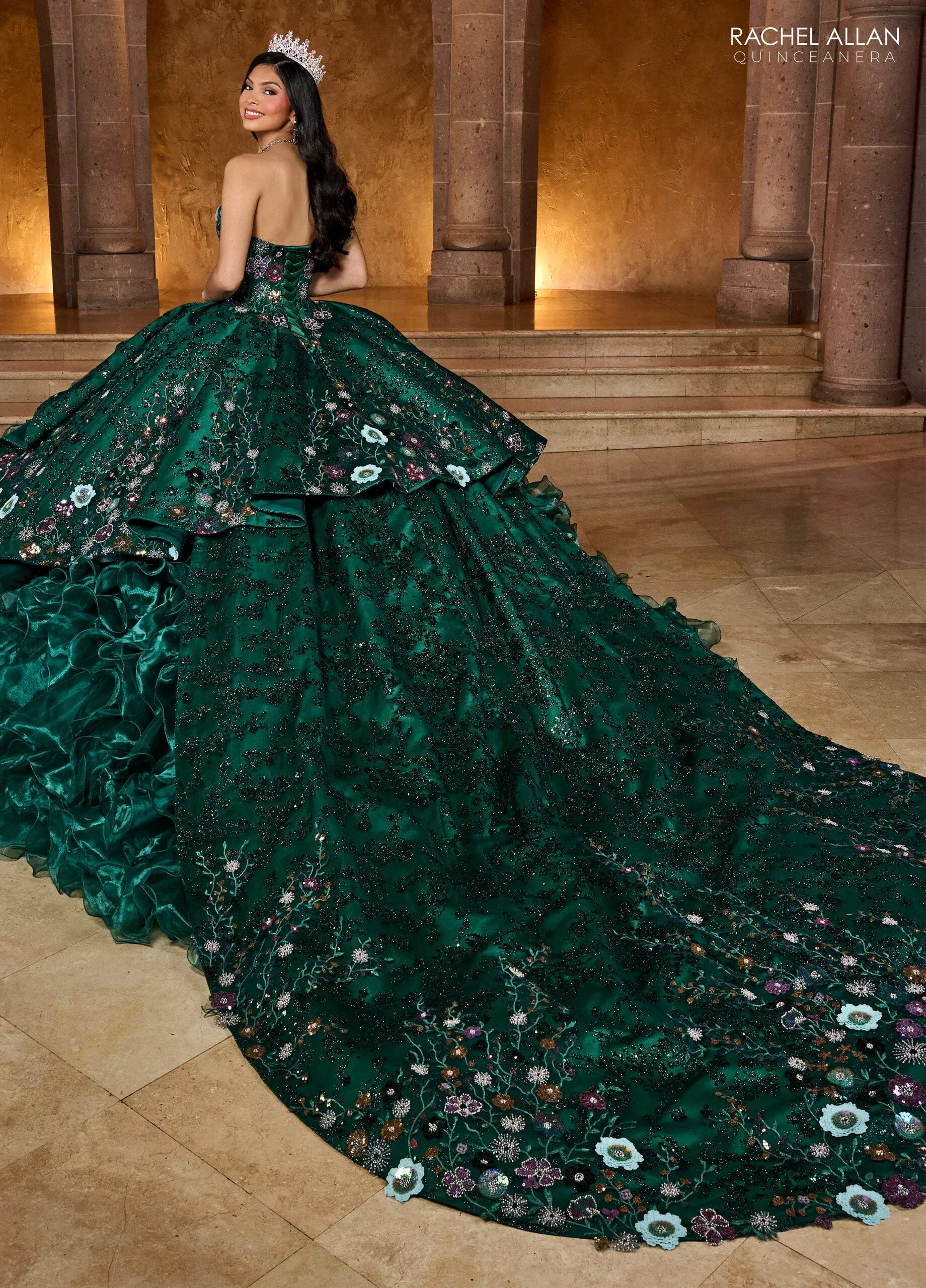 Floral Beaded Ruffled Quinceanera Dress by Rachel Allan RQ5004
