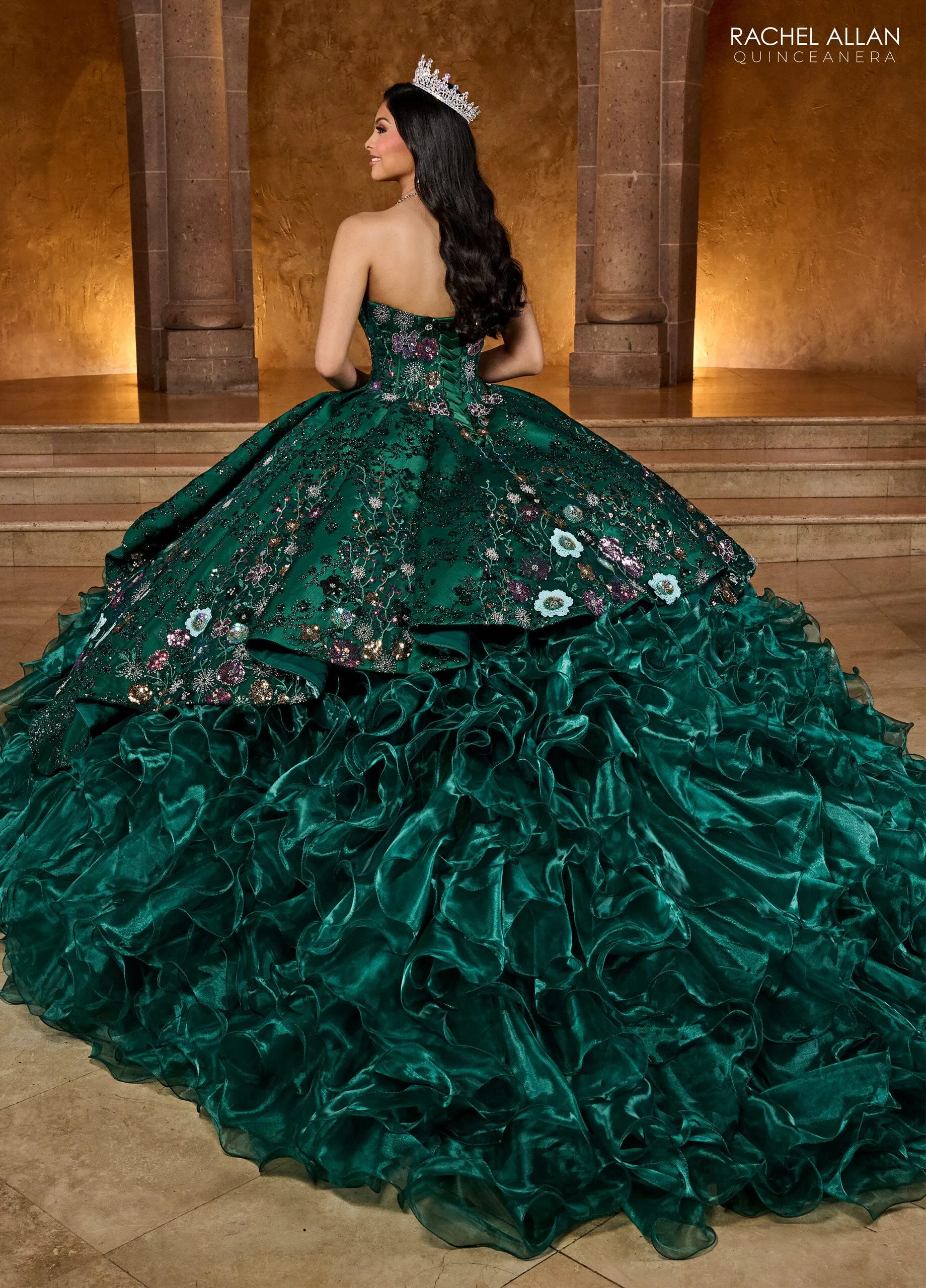 Floral Beaded Ruffled Quinceanera Dress by Rachel Allan RQ5004
