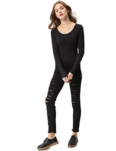 Glostory Women Skinny Ripped Jeans Distressed Five Pocket Stretch Denim PantsWNK-2105(S, Black 2105)