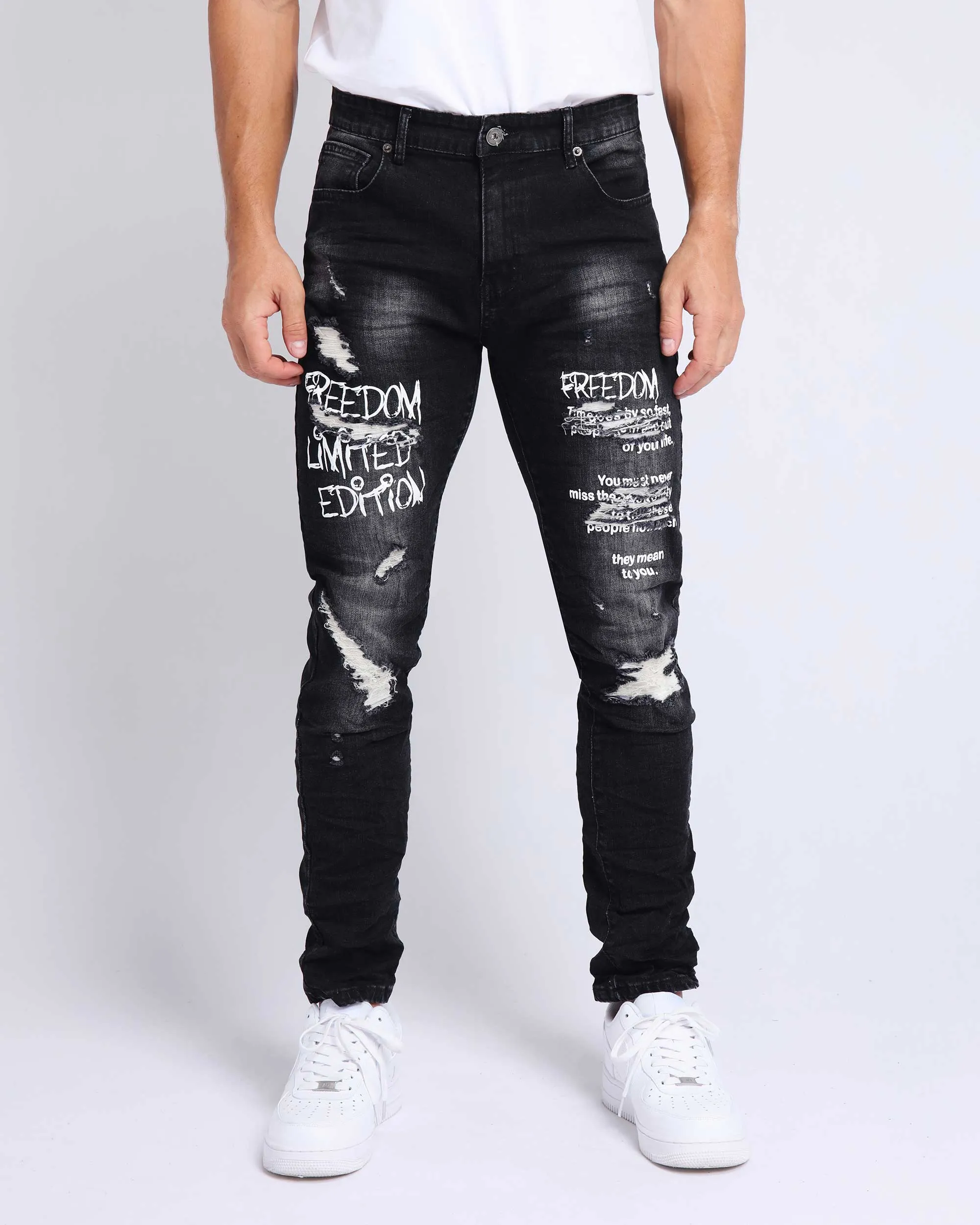 Gothic Graffiti Slim Fit Ripped Black Jeans-Mexico Local Delivery