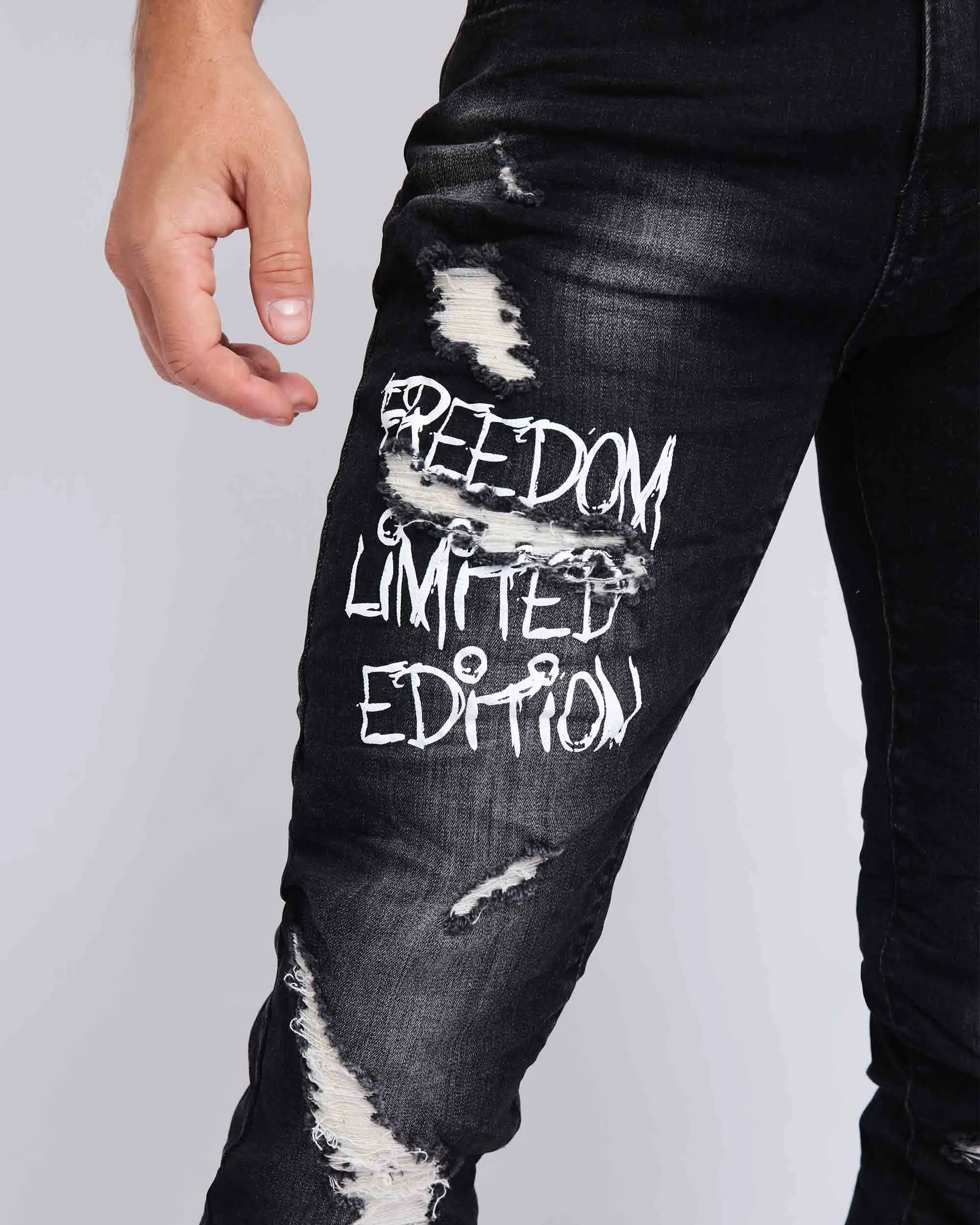 Gothic Graffiti Slim Fit Ripped Black Jeans-Mexico Local Delivery