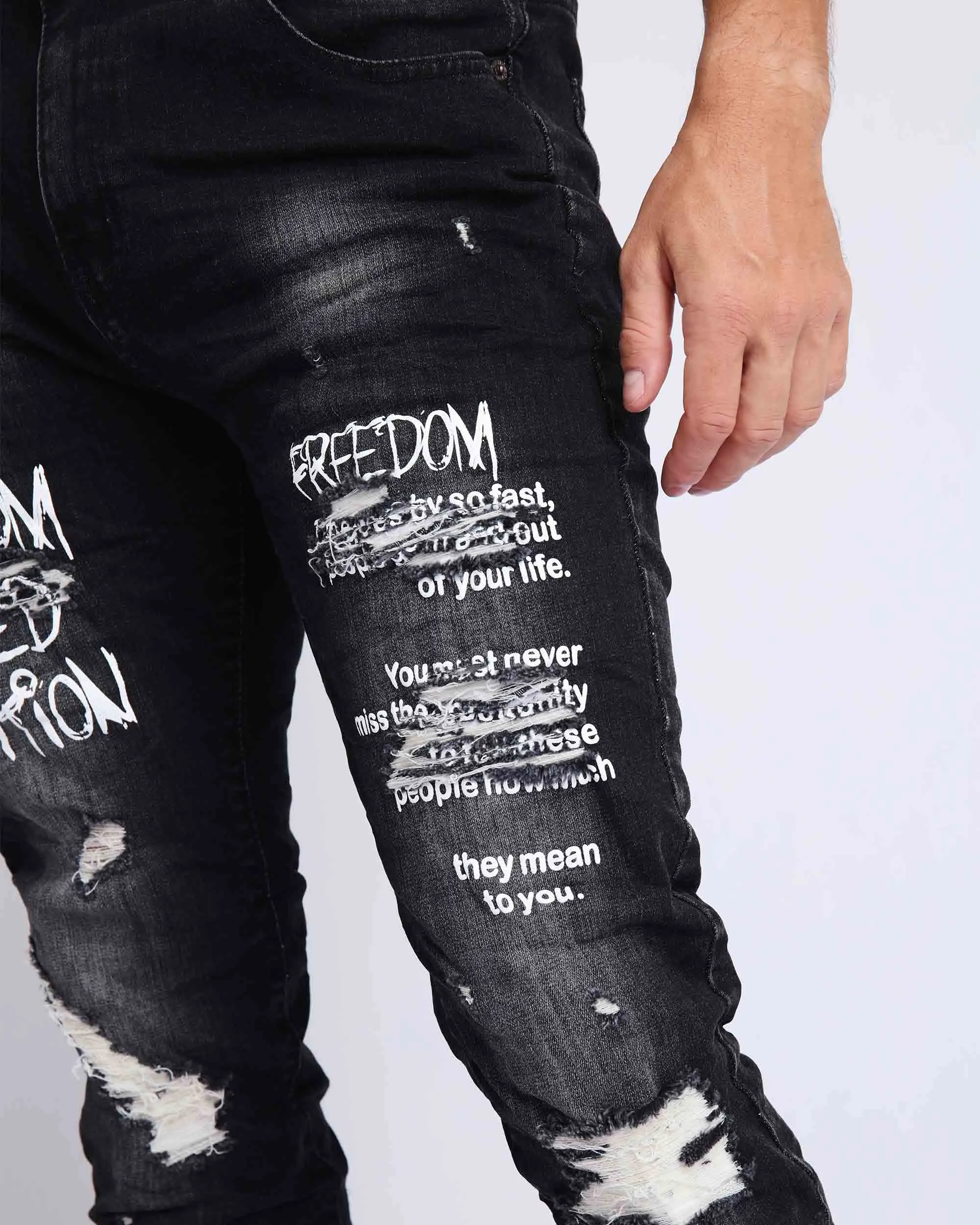 Gothic Graffiti Slim Fit Ripped Black Jeans-Mexico Local Delivery