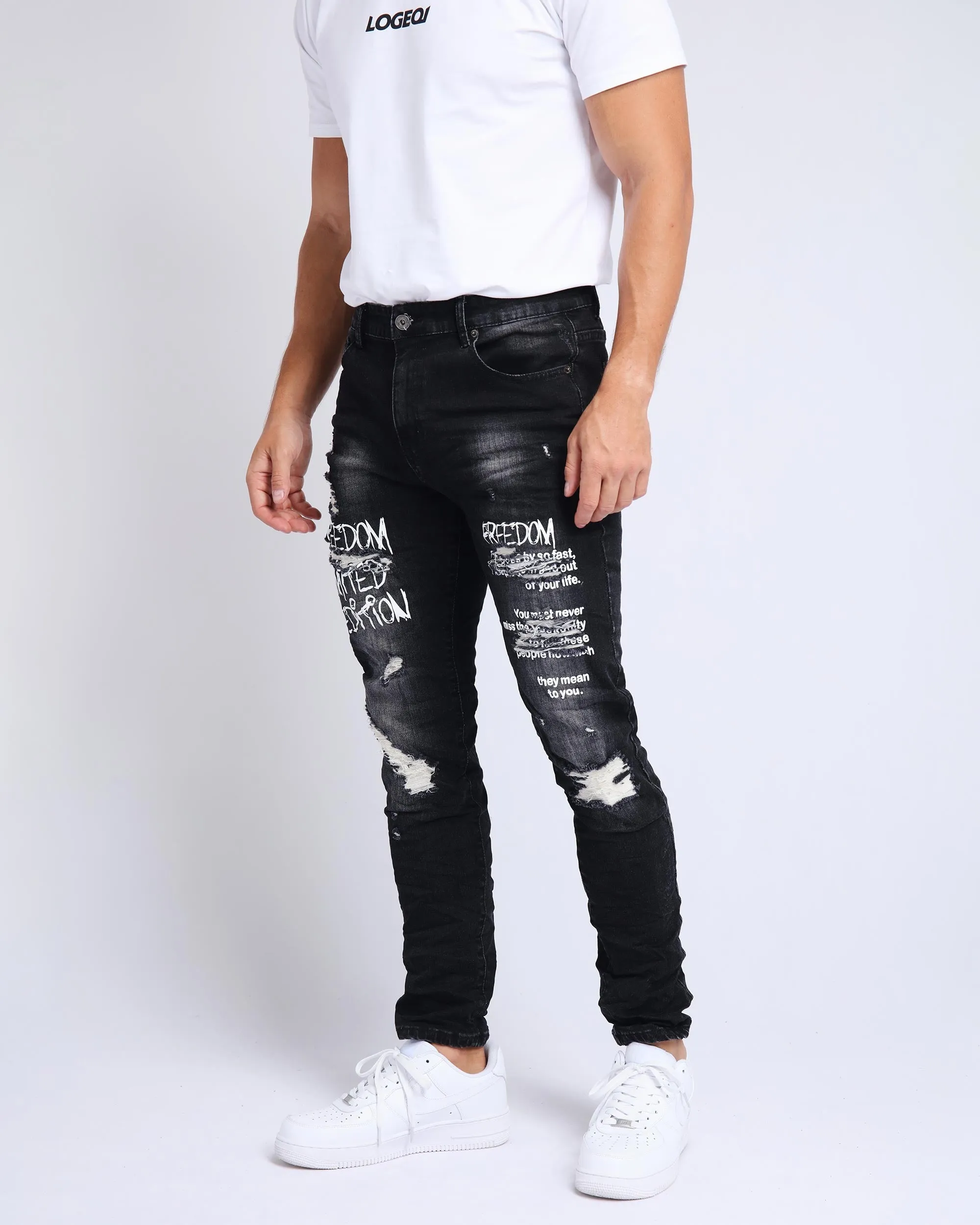 Gothic Graffiti Slim Fit Ripped Black Jeans-Mexico Local Delivery