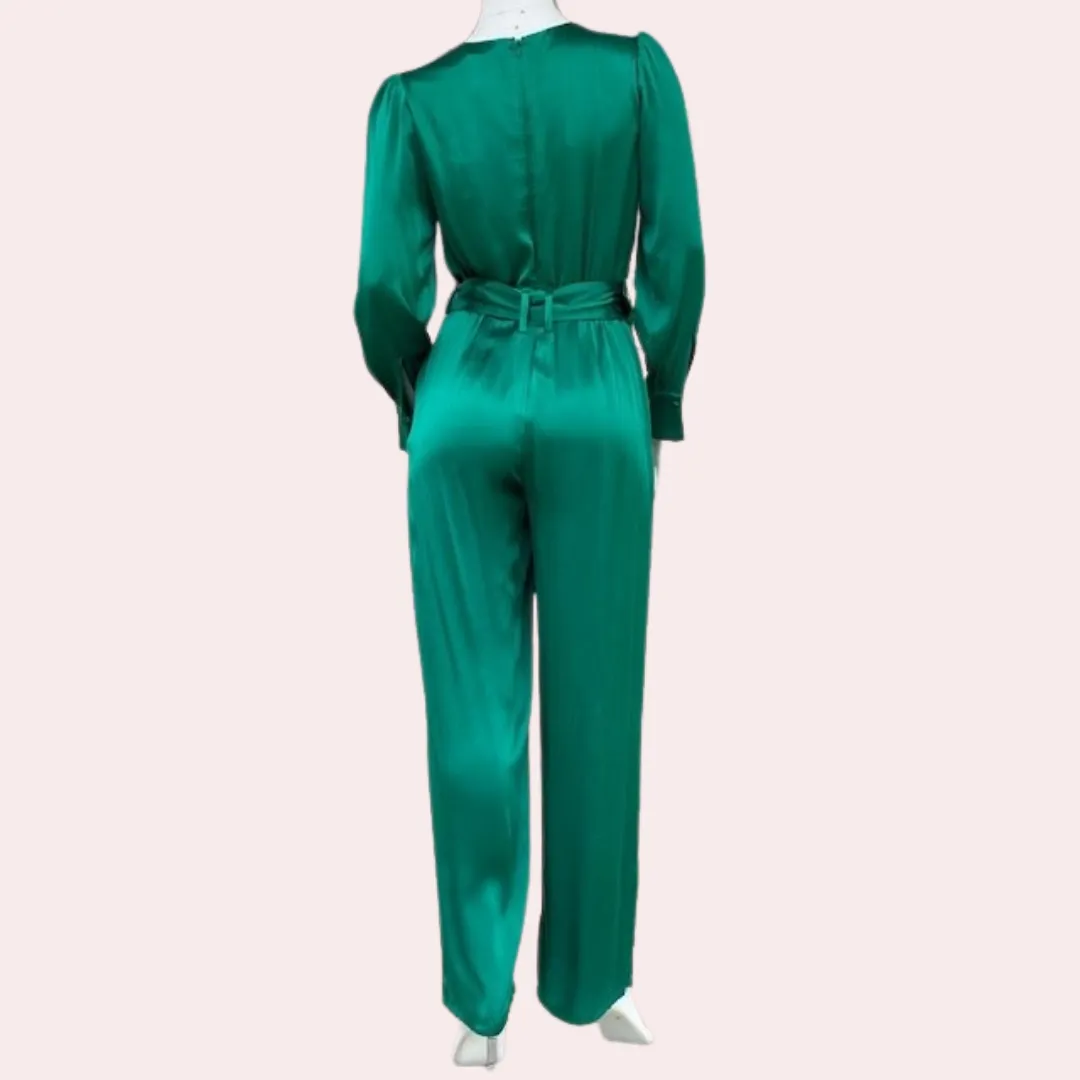 Green wide cuff belted silk jumpsuit