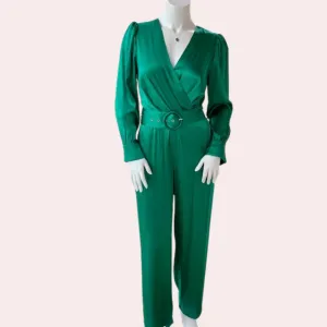 Green wide cuff belted silk jumpsuit