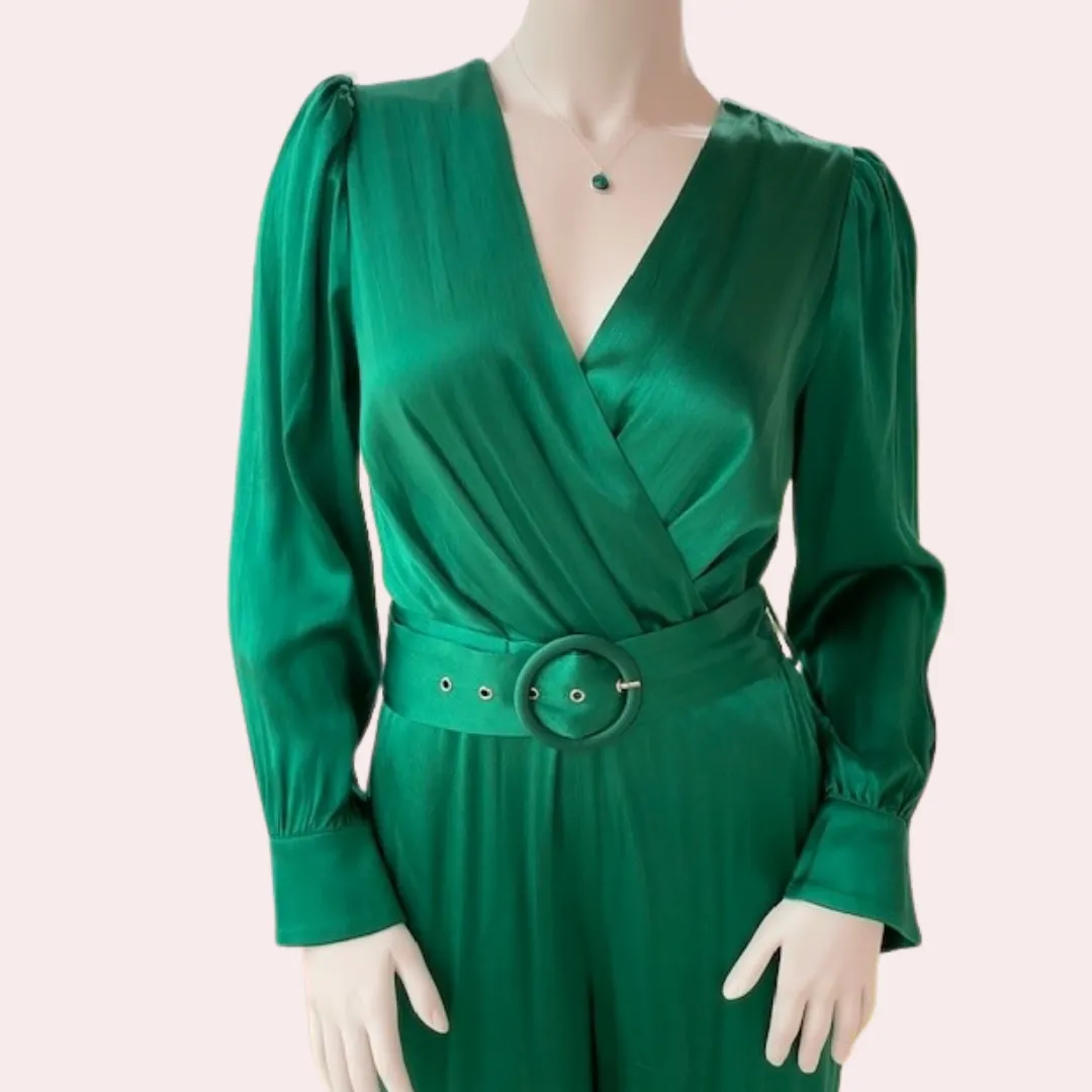 Green wide cuff belted silk jumpsuit