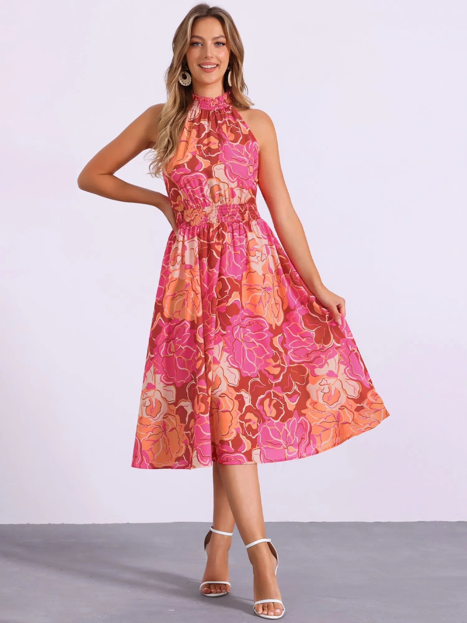Halter Neck Sleeveless Casual Floral Sundress Midi Dress