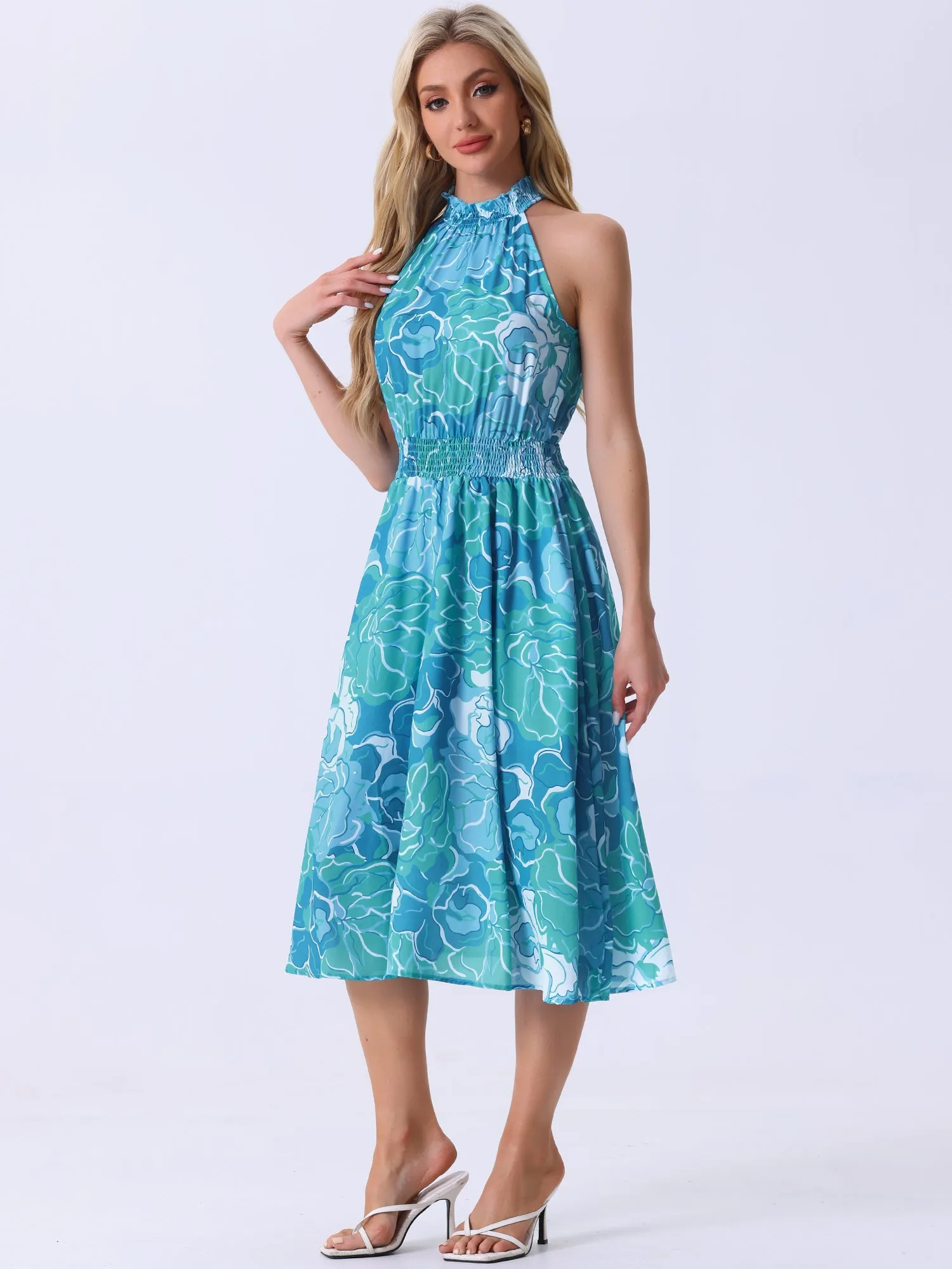 Halter Neck Sleeveless Casual Floral Sundress Midi Dress