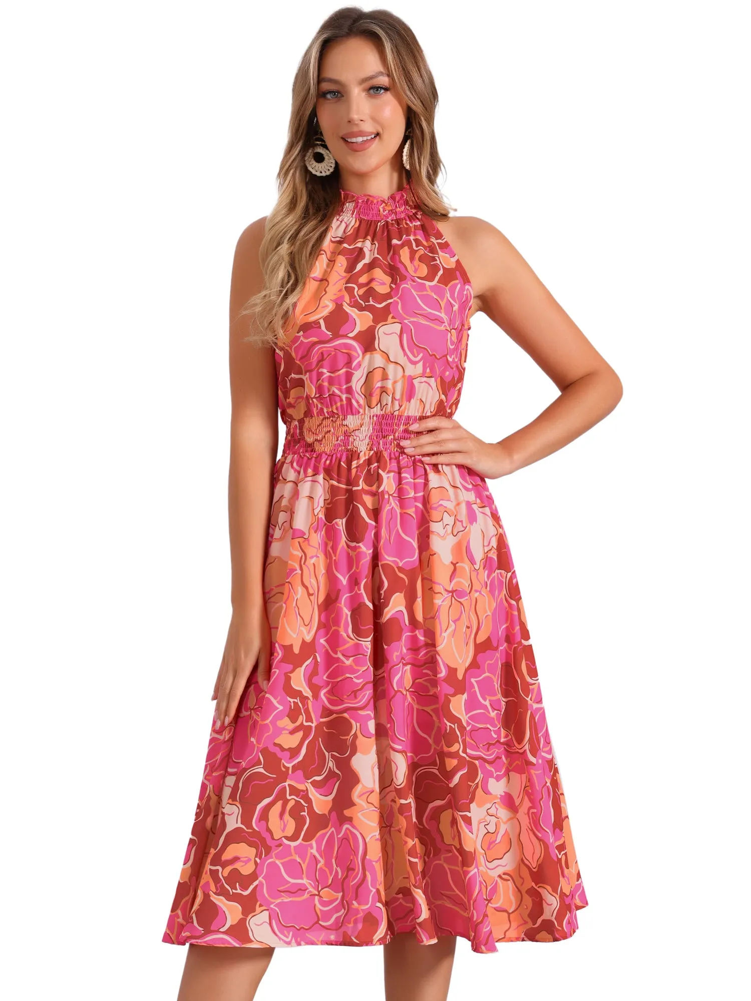 Halter Neck Sleeveless Casual Floral Sundress Midi Dress