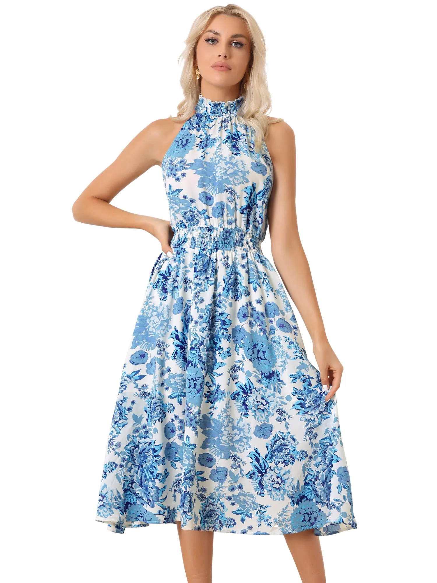 Halter Neck Sleeveless Casual Floral Sundress Midi Dress