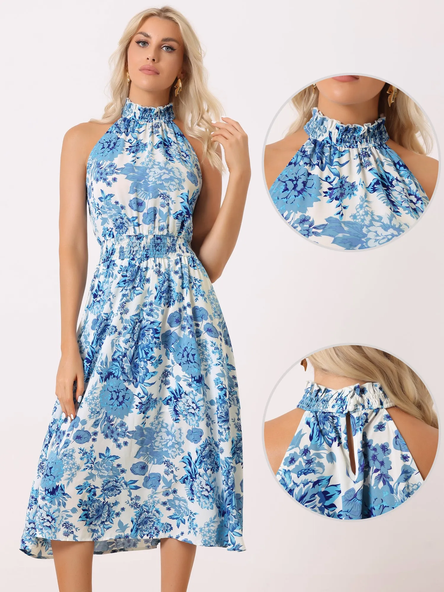 Halter Neck Sleeveless Casual Floral Sundress Midi Dress