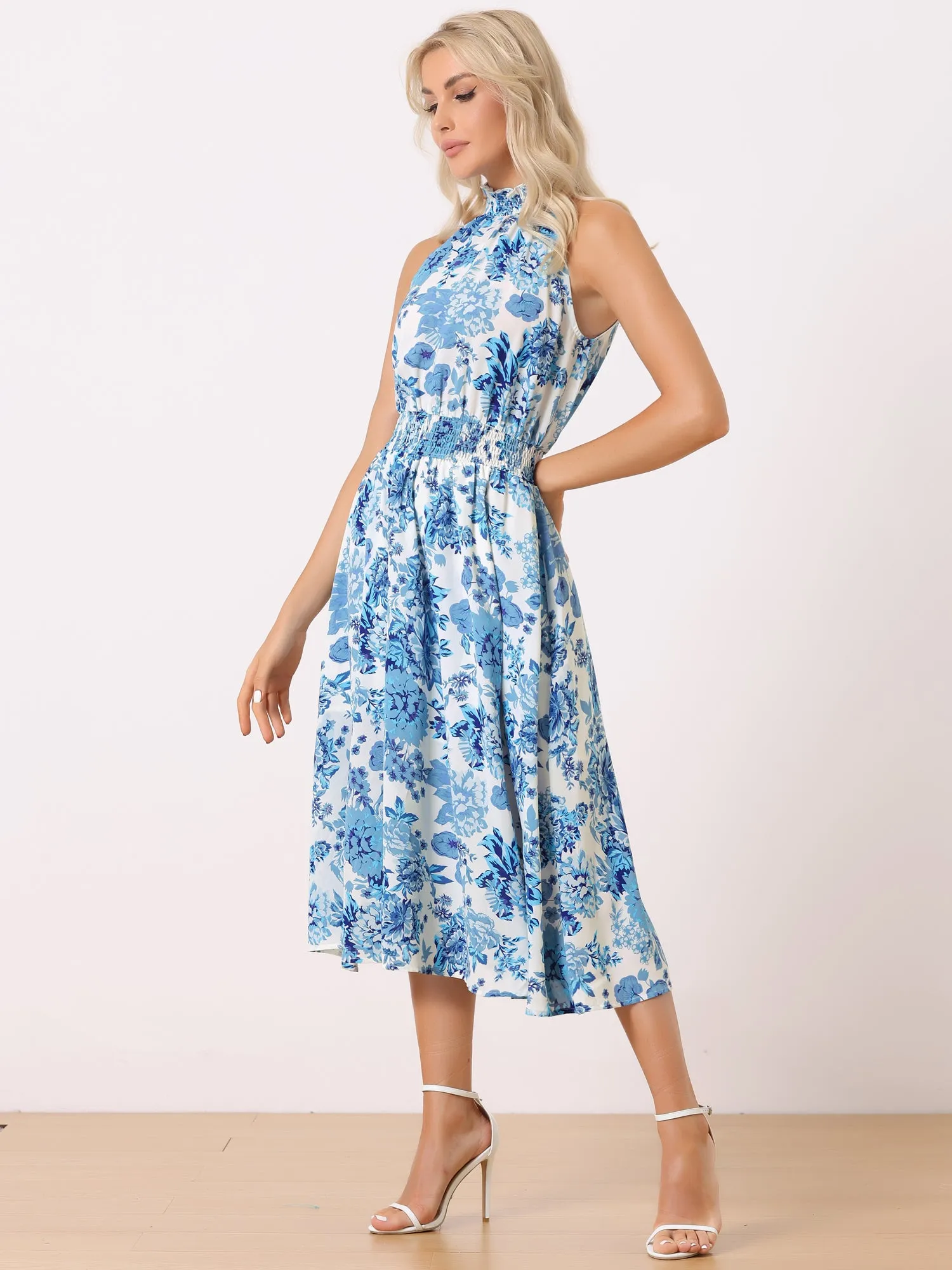Halter Neck Sleeveless Casual Floral Sundress Midi Dress