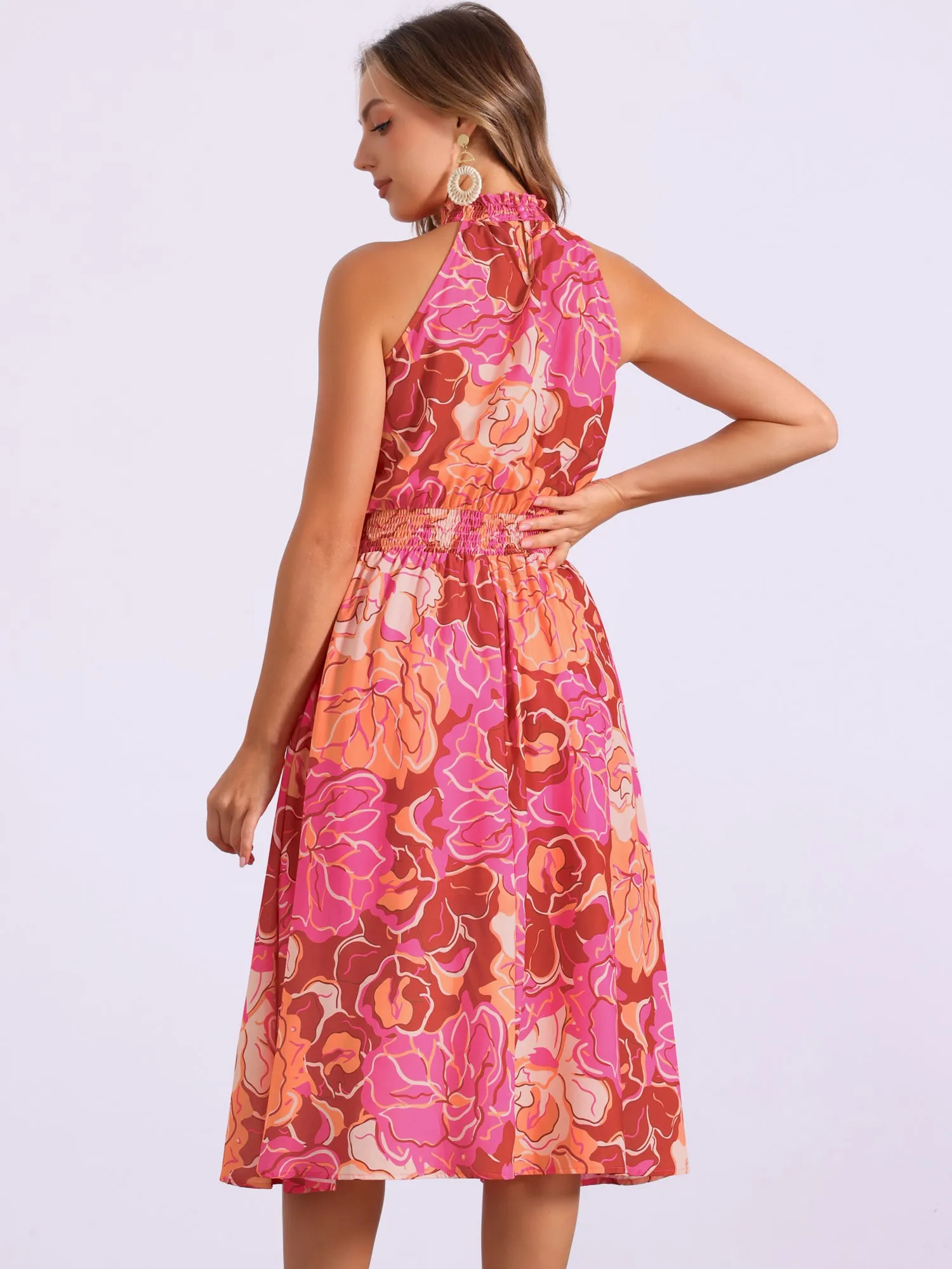 Halter Neck Sleeveless Casual Floral Sundress Midi Dress