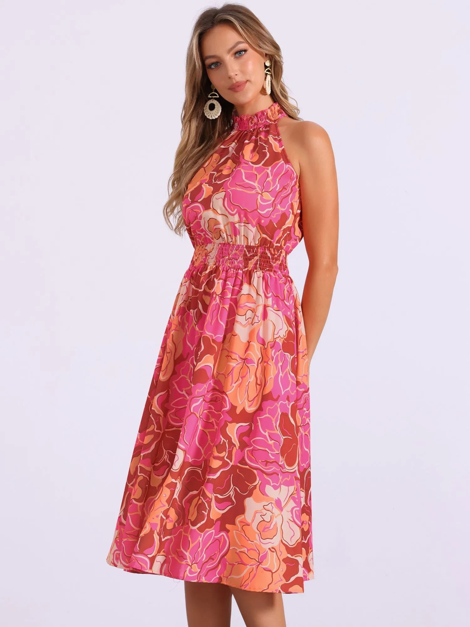 Halter Neck Sleeveless Casual Floral Sundress Midi Dress