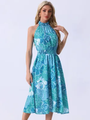 Halter Neck Sleeveless Casual Floral Sundress Midi Dress