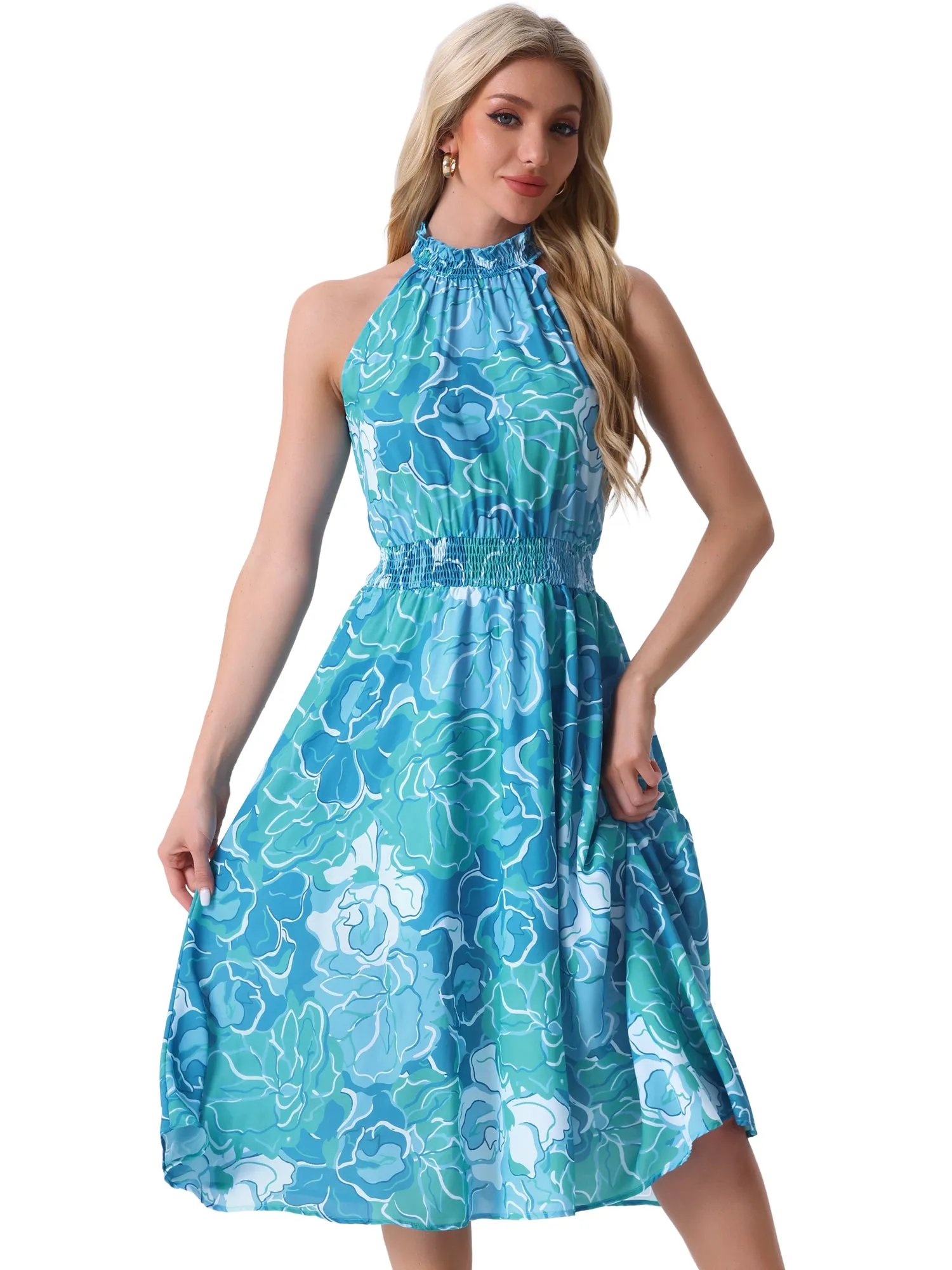Halter Neck Sleeveless Casual Floral Sundress Midi Dress