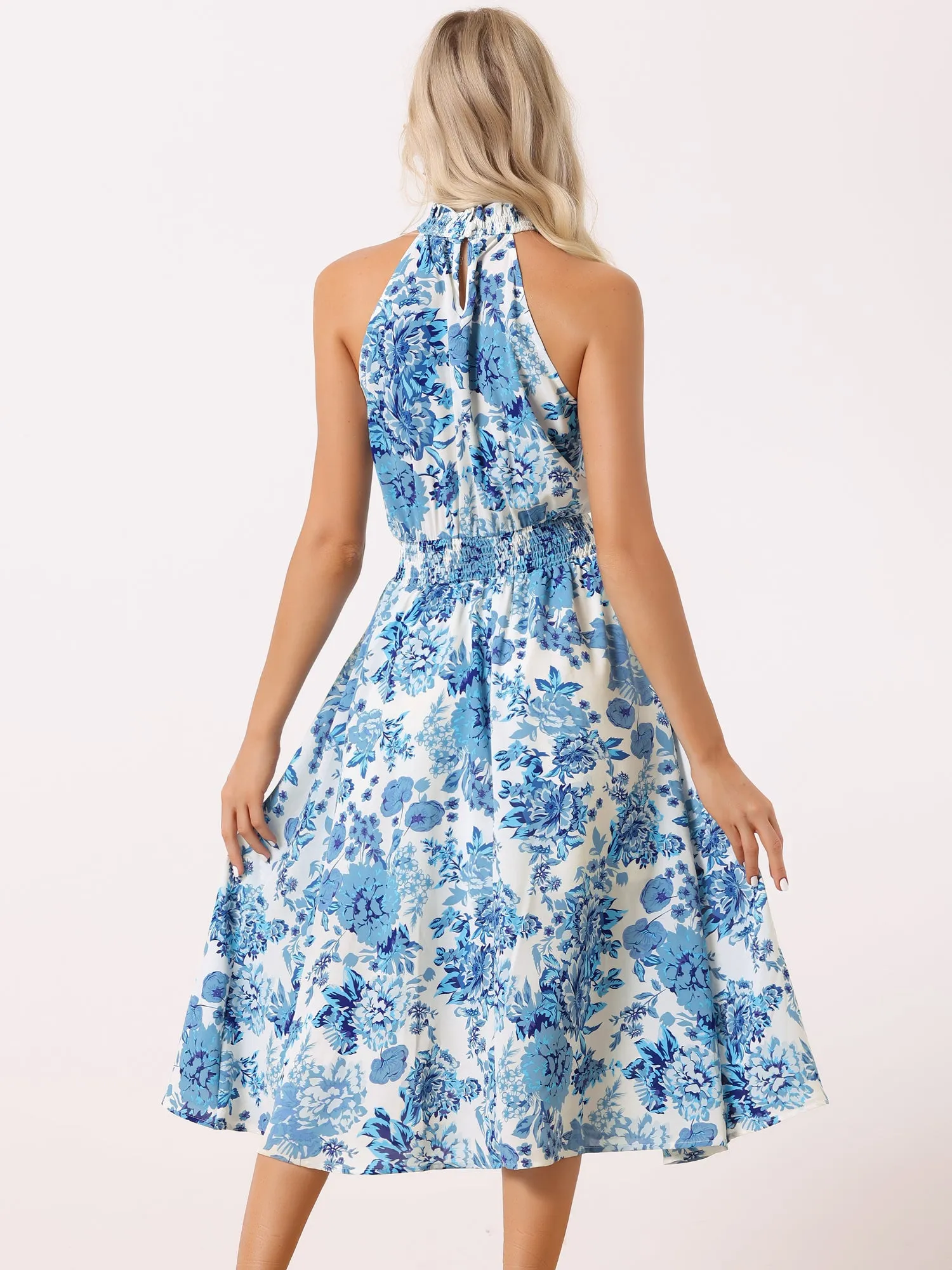Halter Neck Sleeveless Casual Floral Sundress Midi Dress