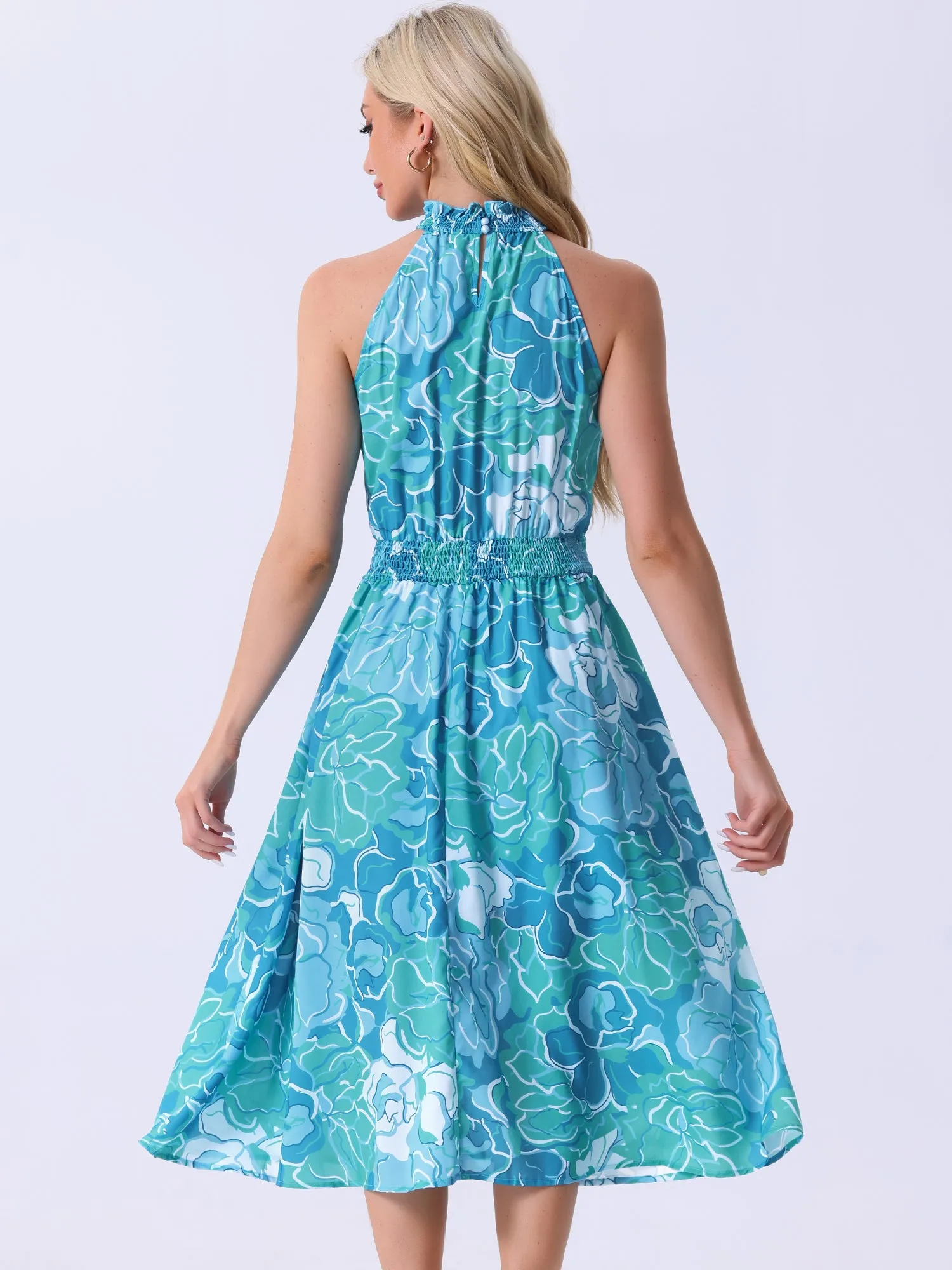 Halter Neck Sleeveless Casual Floral Sundress Midi Dress