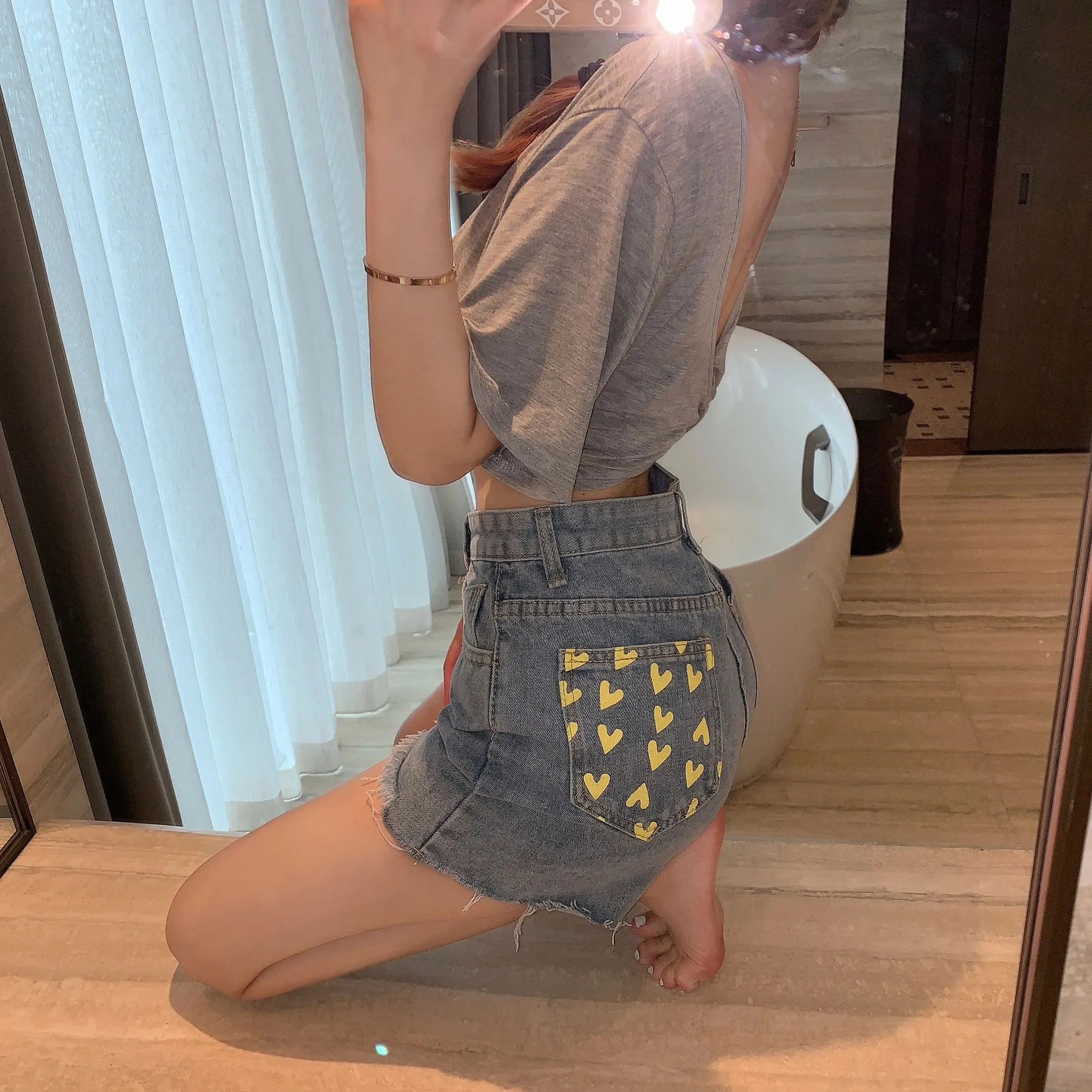 Heart Love Back Printed Denim Shorts Pants