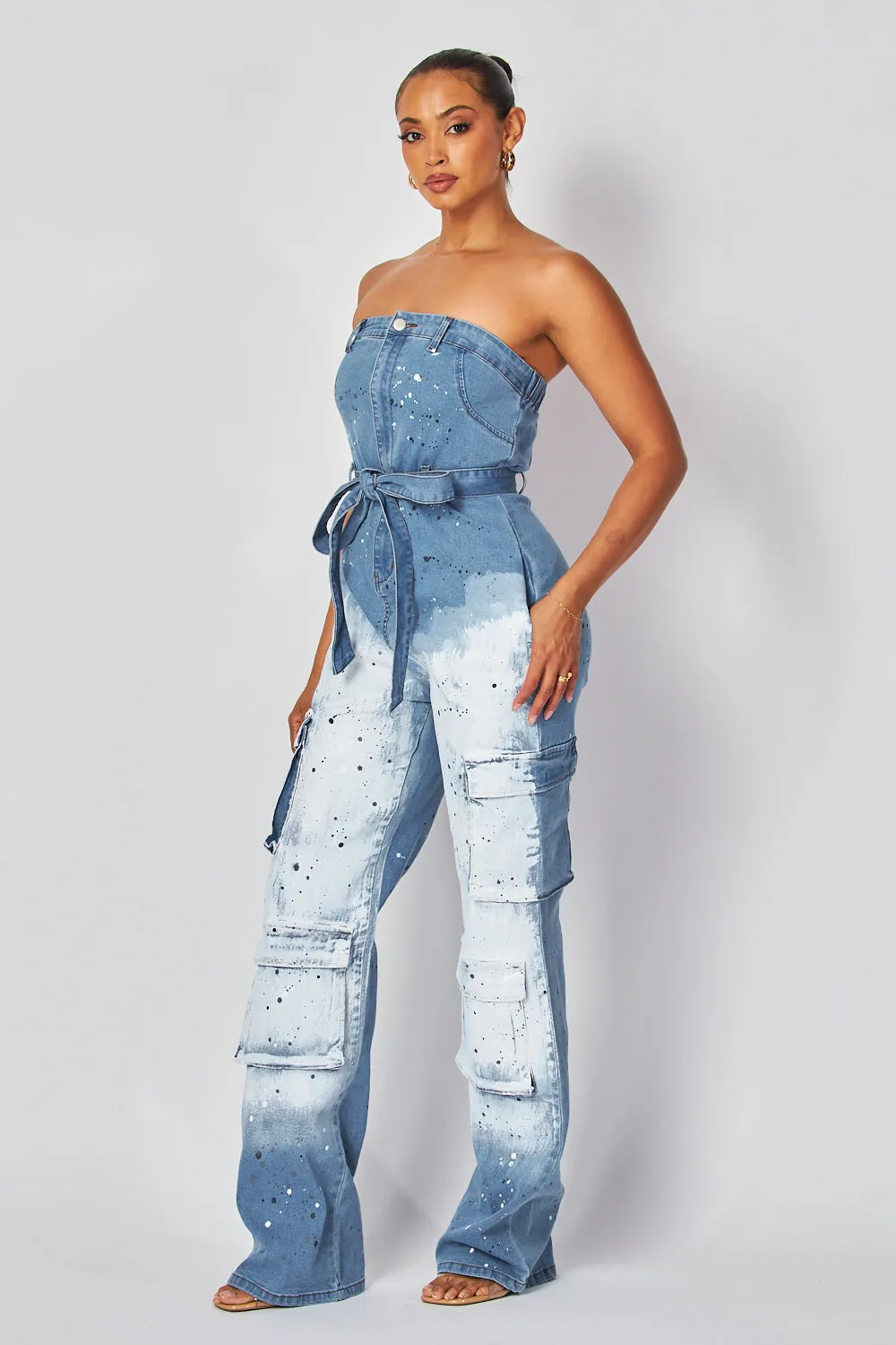 Ines Belted Cargo Sleeveless Denim Tube Jumpsuit