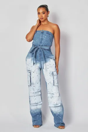 Ines Belted Cargo Sleeveless Denim Tube Jumpsuit