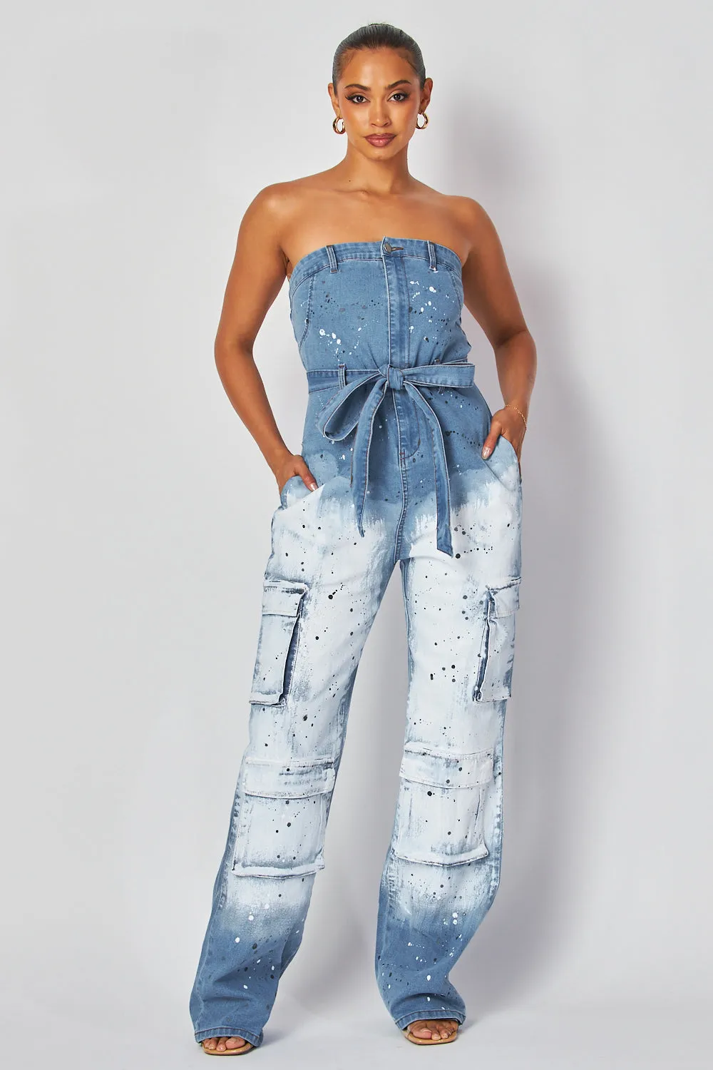 Ines Belted Cargo Sleeveless Denim Tube Jumpsuit