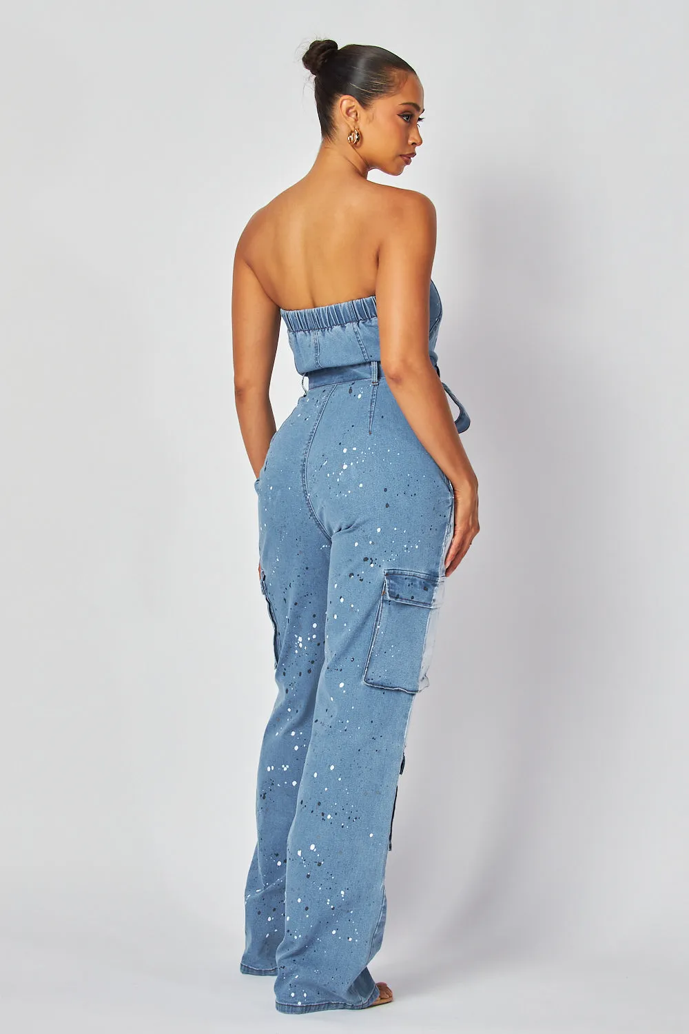 Ines Belted Cargo Sleeveless Denim Tube Jumpsuit
