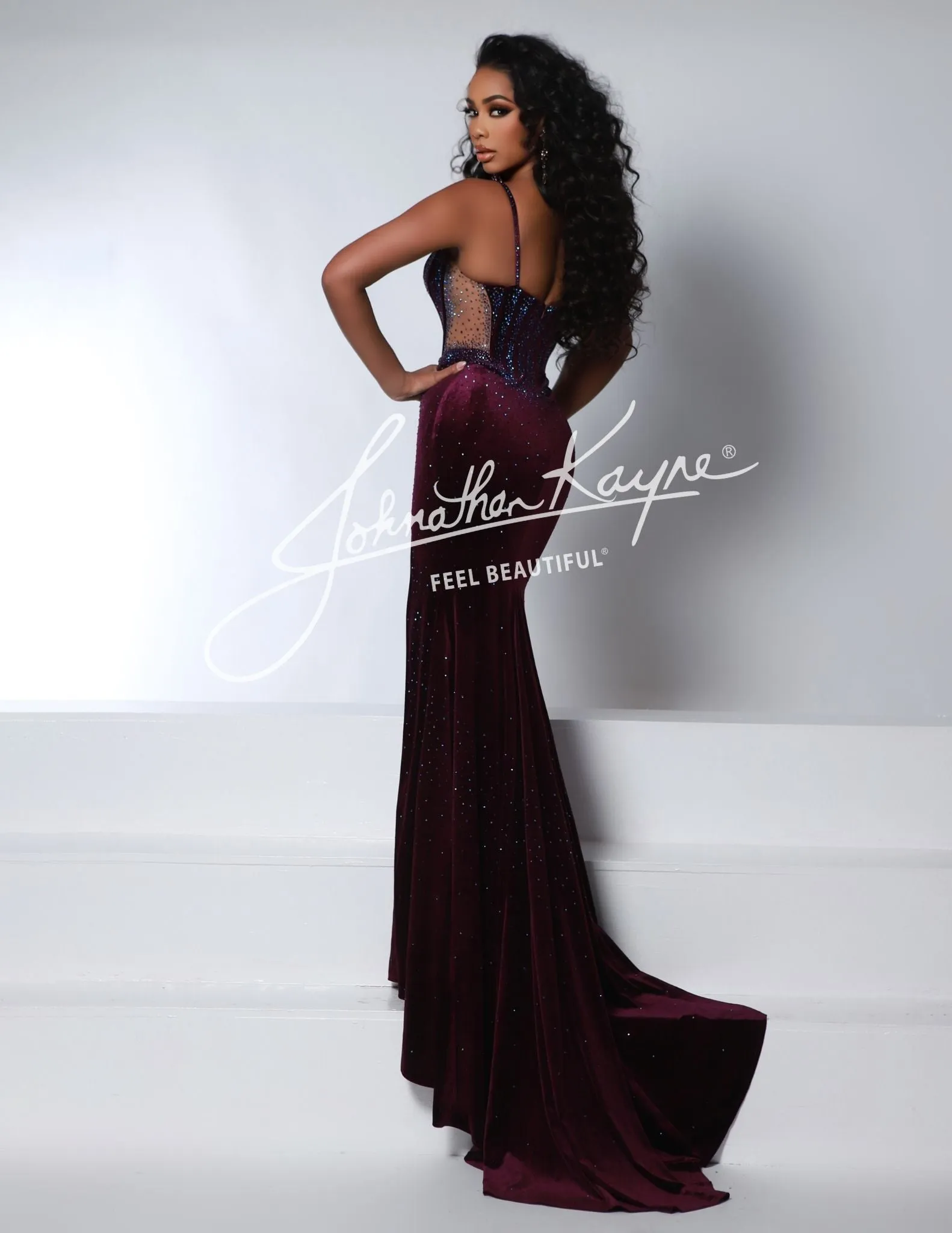 Johnathan Kayne 2948 Long Velvet Sheer Formal Dress Pageant Prom Slit Evening Gown