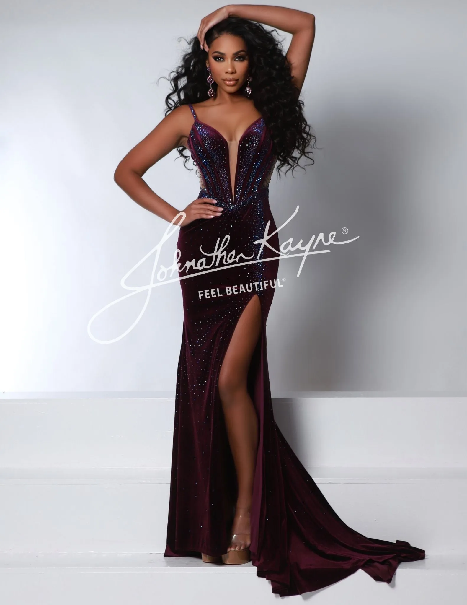 Johnathan Kayne 2948 Long Velvet Sheer Formal Dress Pageant Prom Slit Evening Gown