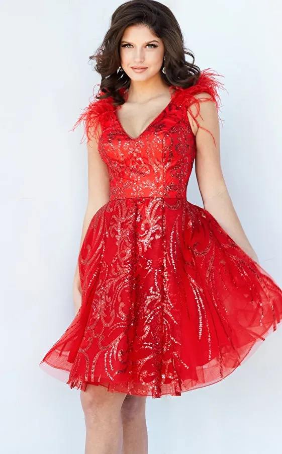 Jovani 09466 Short Fit & Flare Red Feather Cocktail Dress Formal Glitter V Neck Gown