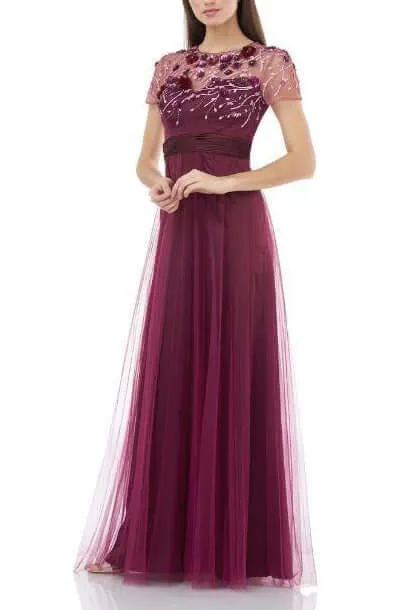 JS Collections Crew Neck Short Sleeve Embellished Bodice Ruched Waist Zipper Back Mesh Gown