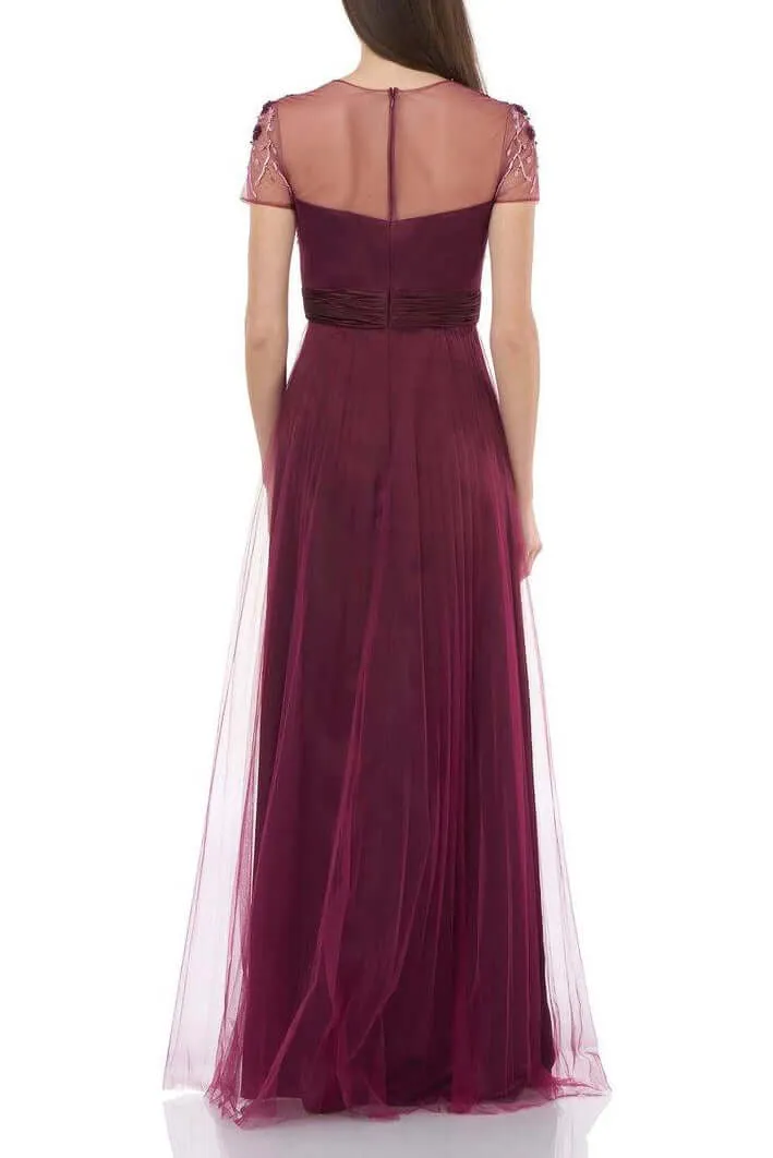 JS Collections Crew Neck Short Sleeve Embellished Bodice Ruched Waist Zipper Back Mesh Gown